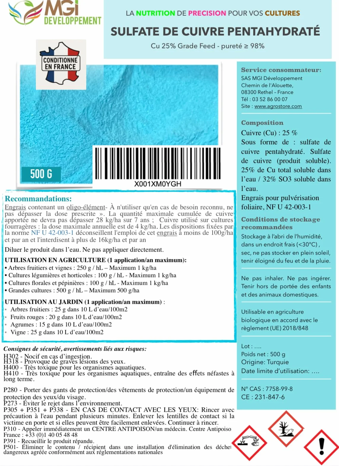 Sulfate de Cuivre Pentahydraté 25% Pureté 98% Feed Grade Soluble