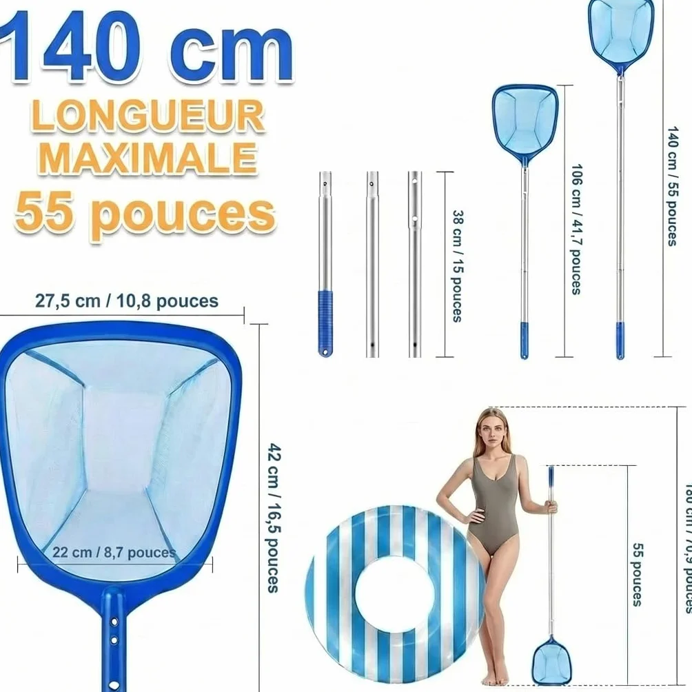 Épuisette de Piscine 140 cm Filet Télescopique Réglable pour Nettoyer Piscine Spa
