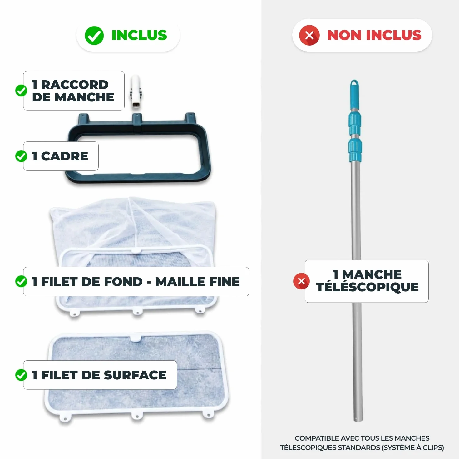 Épuisette Piscine Professionnelle 3-en-1 NODI Net+ Fond Surface Coffre Volet Immergé Résistance 32 kg Filet Remplaçable
