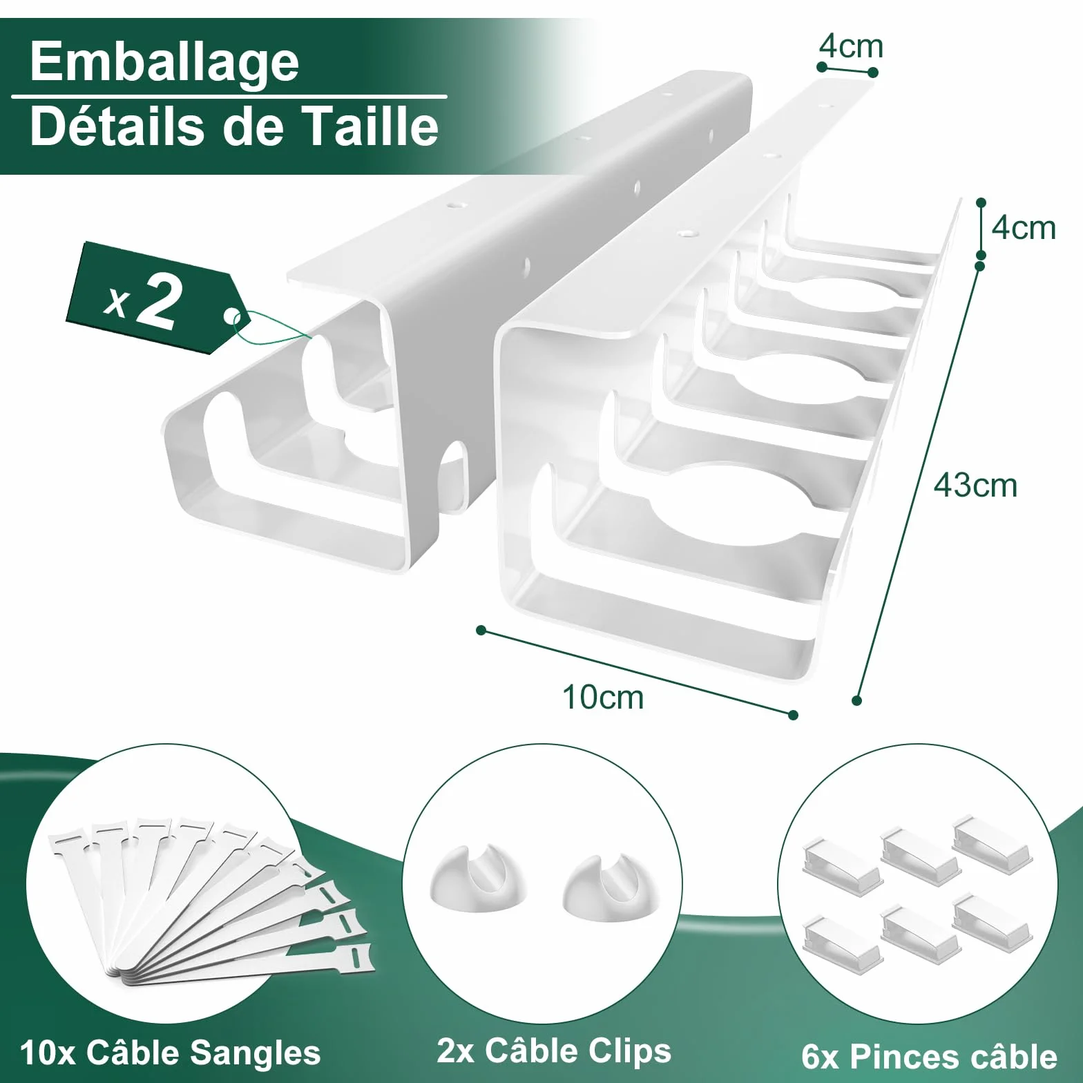 Oududianzi Set de 2 Chemin de Câble, Cable Management Bureau Blanc, Range Cable Bureau, Cache Cable, Goulotte Passe Cable, Organisateur de Cable pour La Gestion des Câbles et des Multiprises