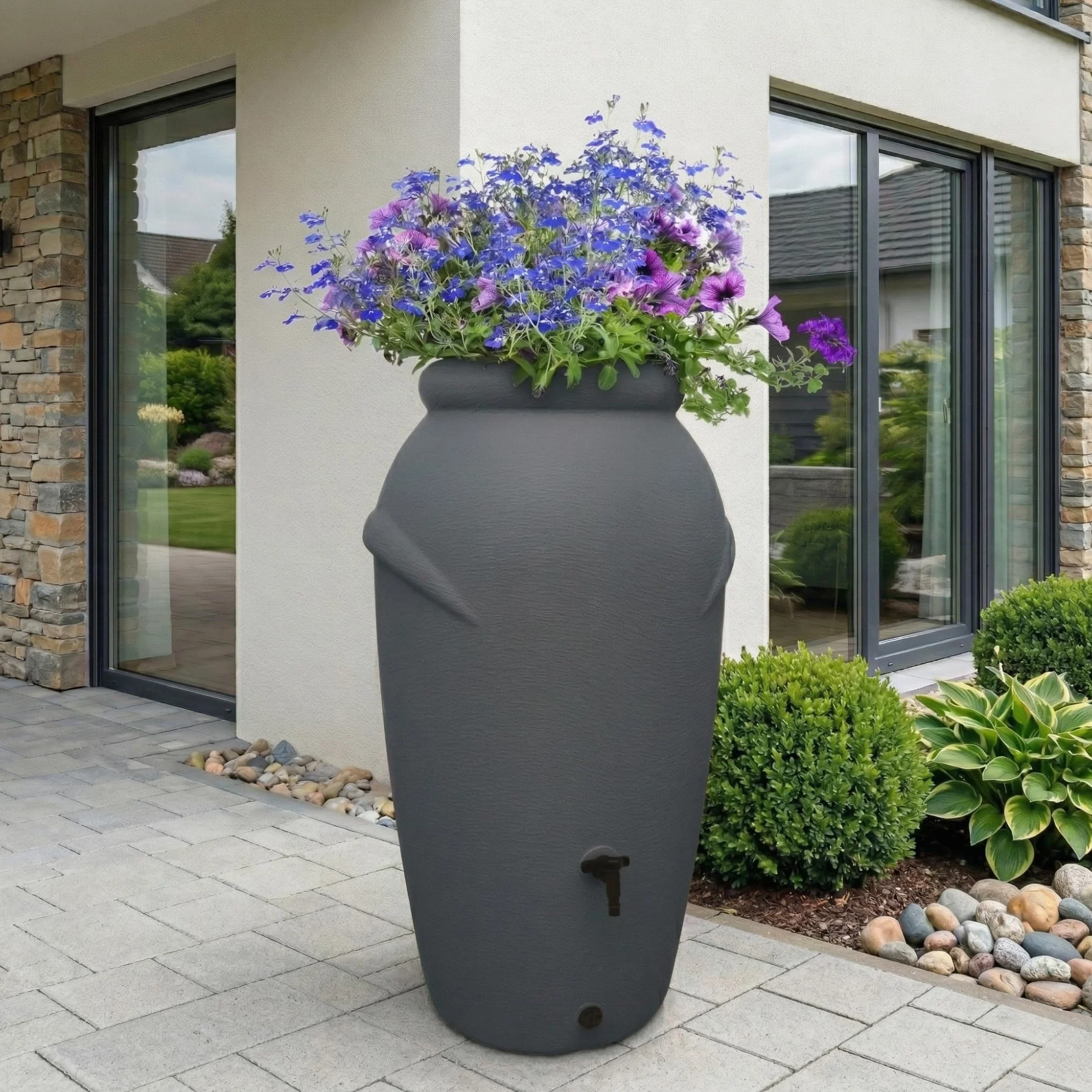 YourCasa Récupérateur Eau de Pluie 210L Design Amphore Tonneau de Pluie résistant au Gel Plastique avec Robinet Anthracite