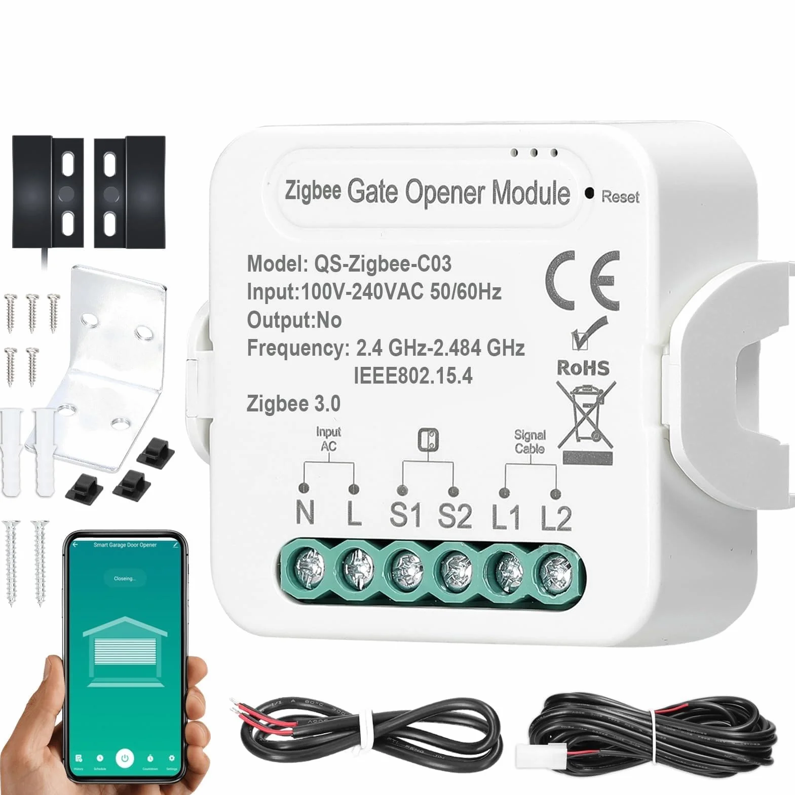 Jemora Ouvre-porte Tuya ZigBee, ouvre-porte de garage intelligent, contrôleur de téléphone portable, contrôle à distance par application, compatible avec Home pour la commande vocale
