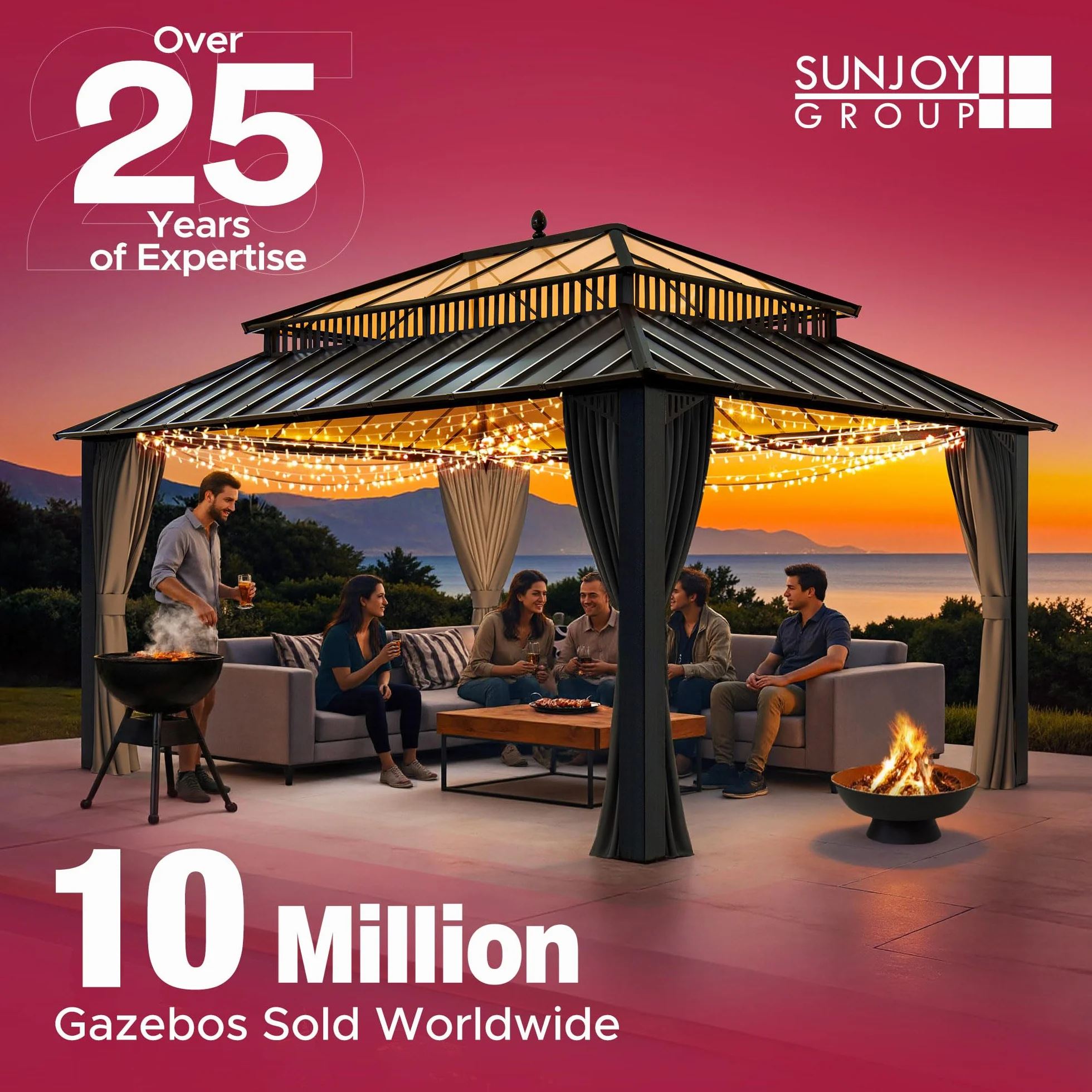SUNJOY Tonnelle Barbecue 2,4 x 1,5 m avec 2 Étagères et 10 Crochets, Toit Double Ventilé, Structure en Acier, Abri BBQ Étanche