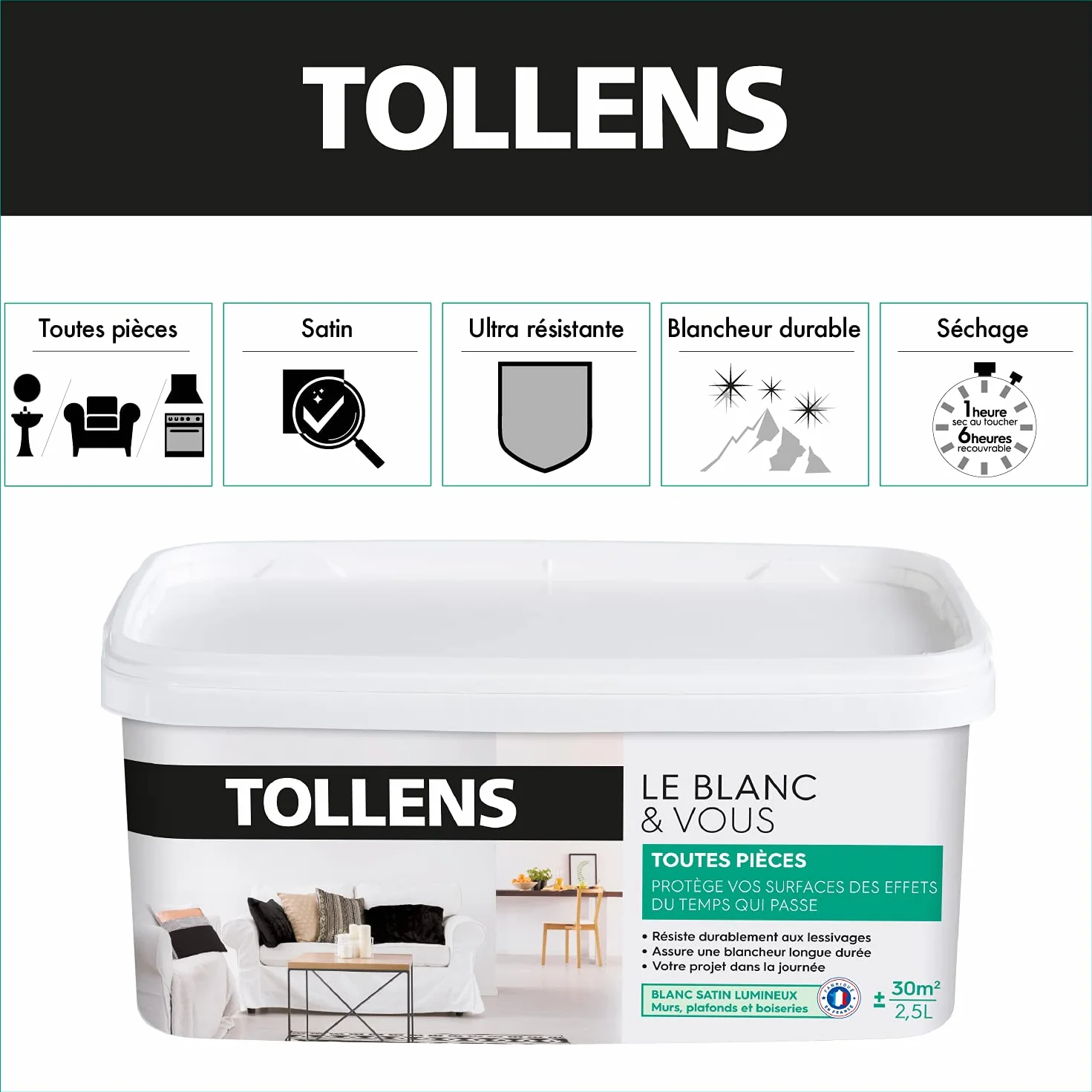 Tollens - Peinture Blanche Satin - Toutes Pièces - Murs, Plafonds, Boiseries - Blancheur Longue Durée - Résiste aux Chocs - Séchage Rapide - Fabriqué en France - Blanc - 5L = 60m2