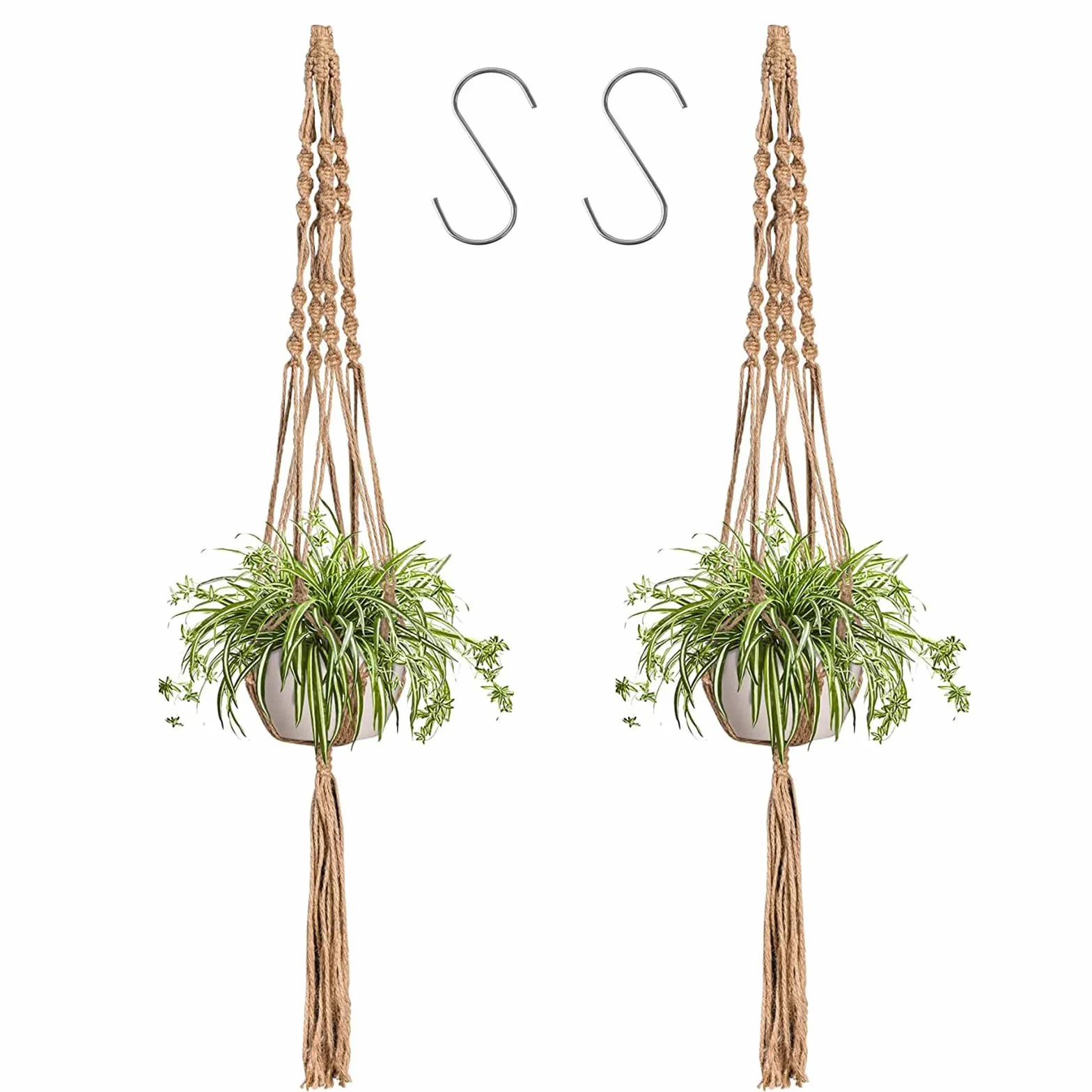 Macramé Pot Suspendu avec Frange, Porte Pot de Fleurs Suspension Plante pour Décoration Jardin Style Bohême 2 Pièces