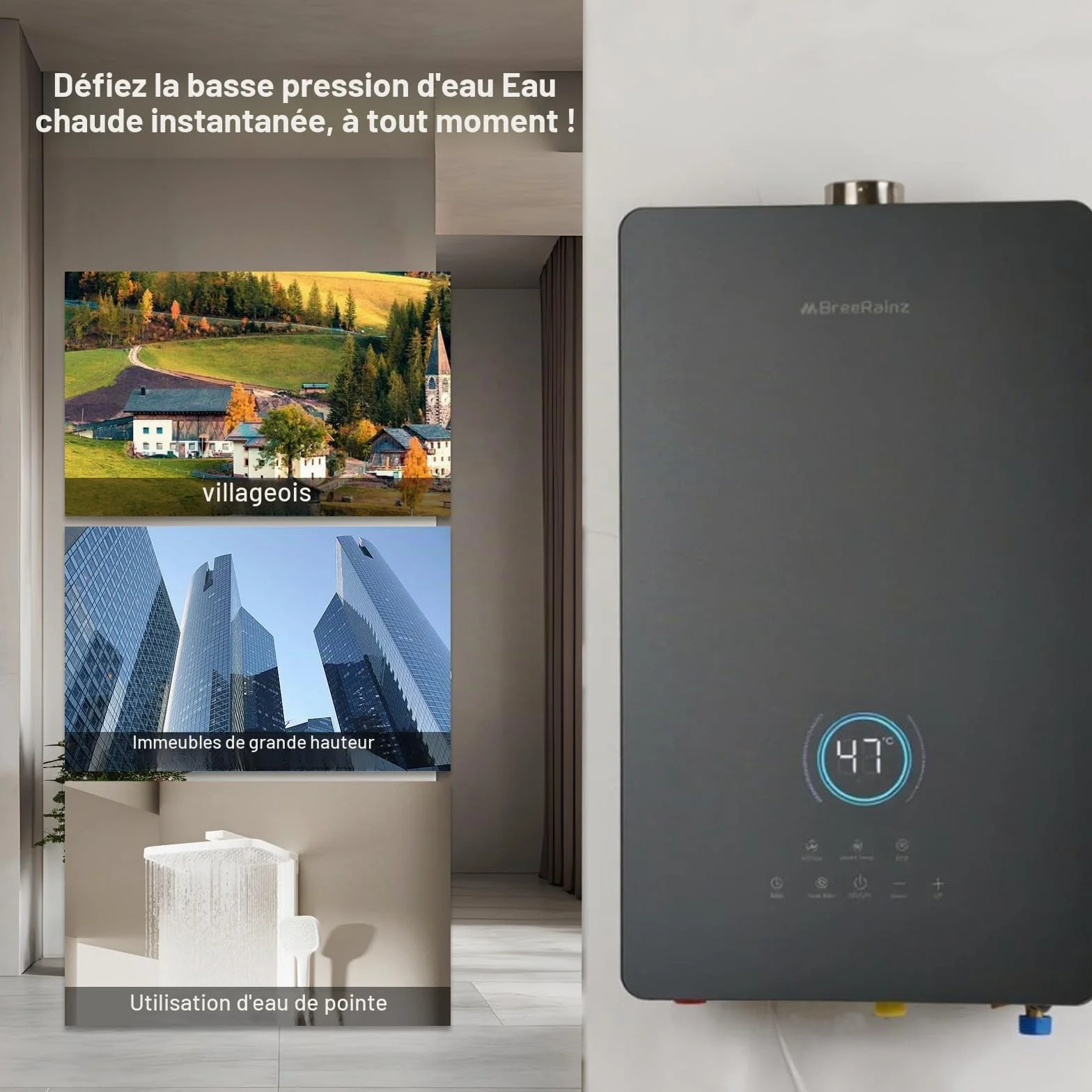 Chauffe-Eau à Gaz Instantané 32kW 16 LPM, 5 Modes, Écran Tactile LED, 220V, Butane Propane