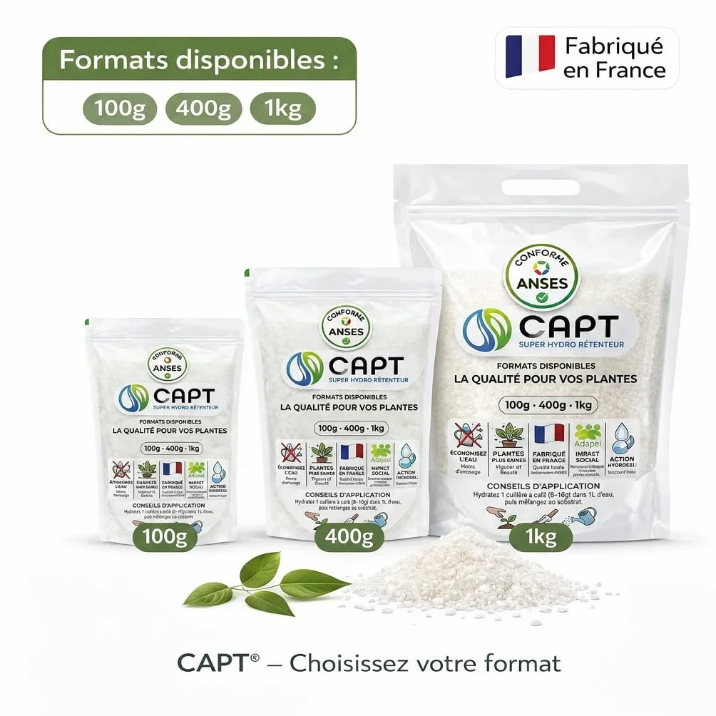 CAPT® Hydro-Rétenteur d'Eau pour Plantes - Billes Réserve d'Eau, Arrosage Automatique Vacances (400g) - Gel Rétention d'Eau, Fabrication Française Homologuée ANSES