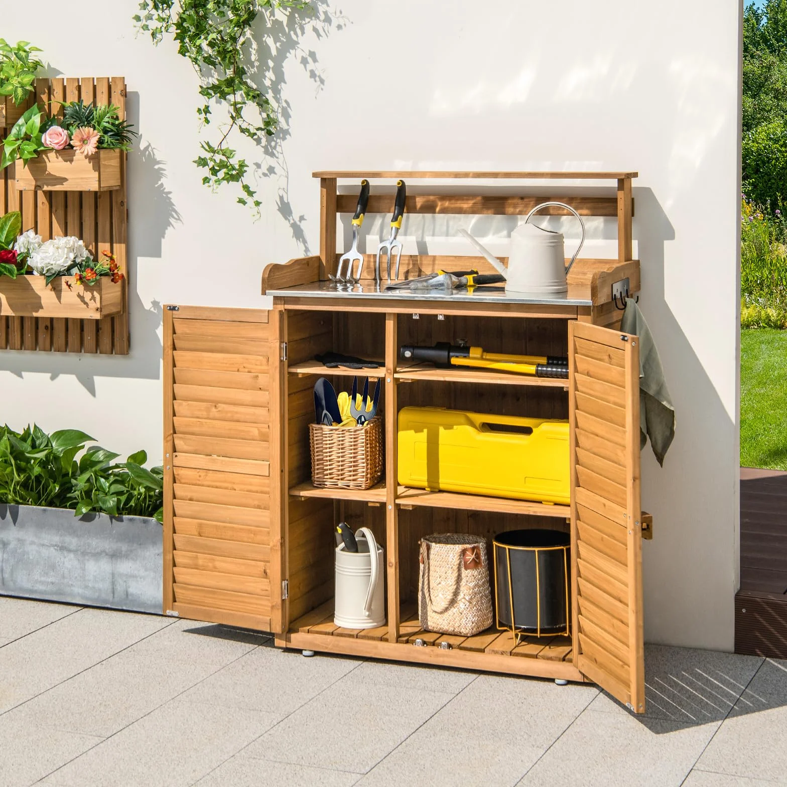 GOPLUS Table de Rempotage en Bois de Sapin, Armoire de Rangement de Jardin avec Plateau en Métal, 87 x 45 x 120 cm, Naturel