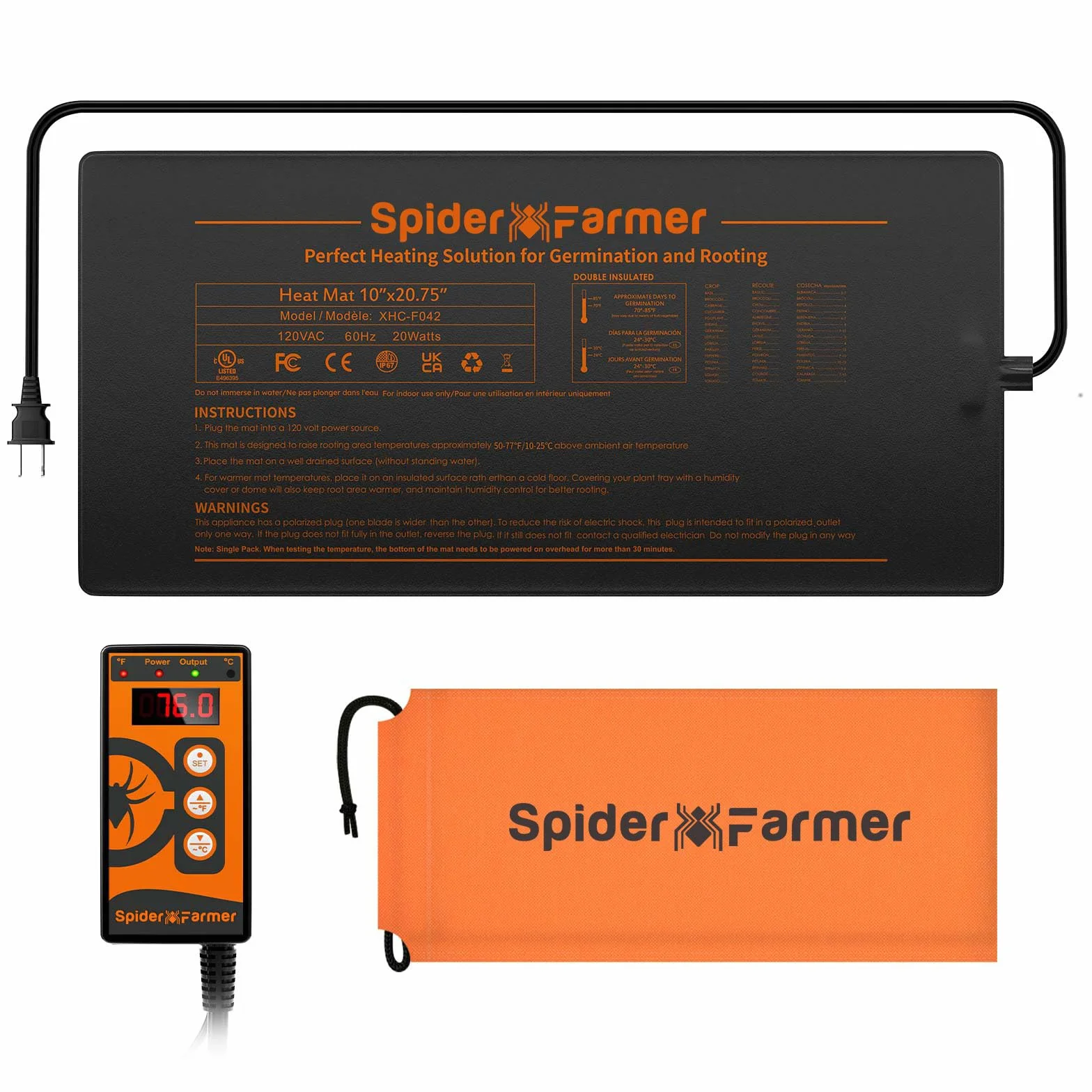 Spider Farmer Plant Heating Mat avec Thermostat 25x52cm 20W