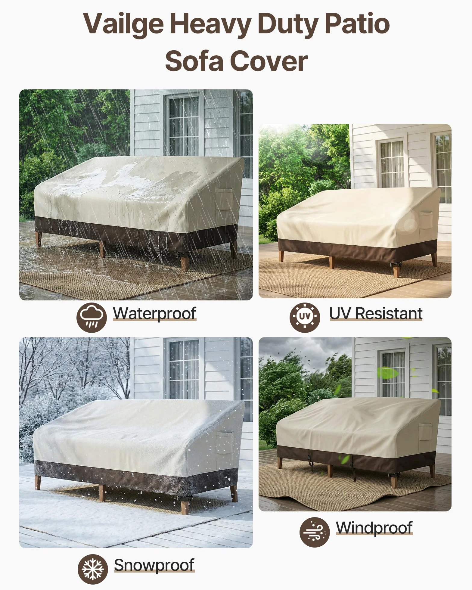 Vailge Housse de canapé de terrasse imperméable 3 places pour extérieur avec ventilation poignée beige marron