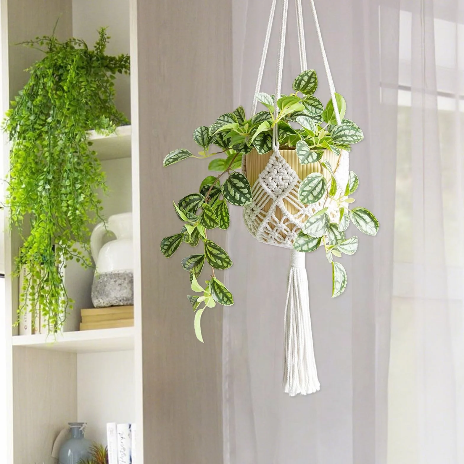 Suspensions Macramé pour Plantes Lot de 2, Supports Boho Intérieur Extérieur, Jusqu'à 20 cm