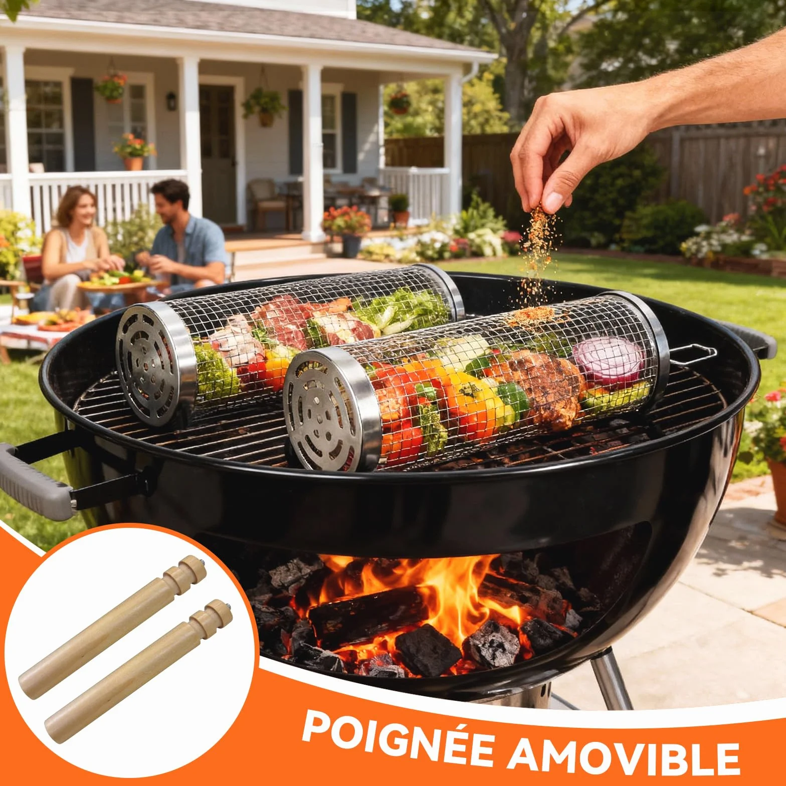 Set de Panier de Barbecue en Acier Inoxydable avec Poignée en Bois 2 Paniers Tournants Pliables 31x10cm 30x9cm