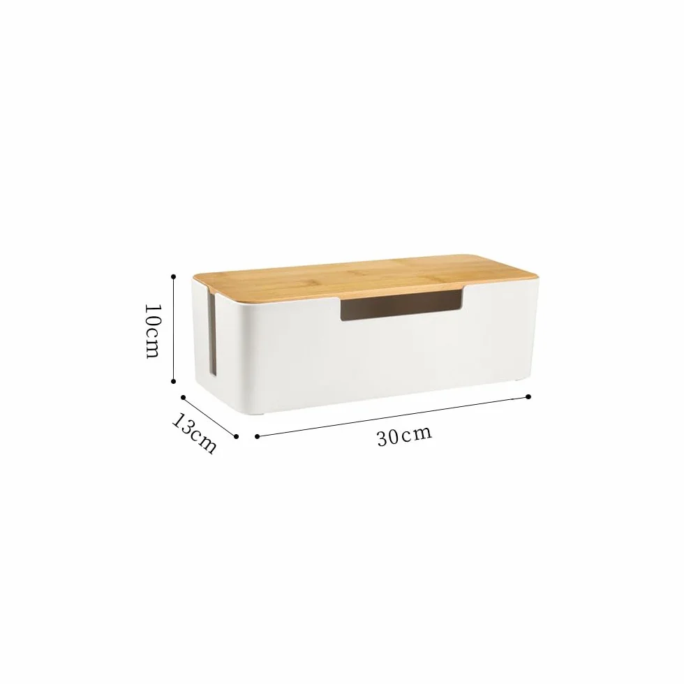 Boîte d'organisation des câbles en ABS avec couvercle en bois, boîte de gestion des câbles pour les multiprises ou les parasurtenseurs (Blanc)
