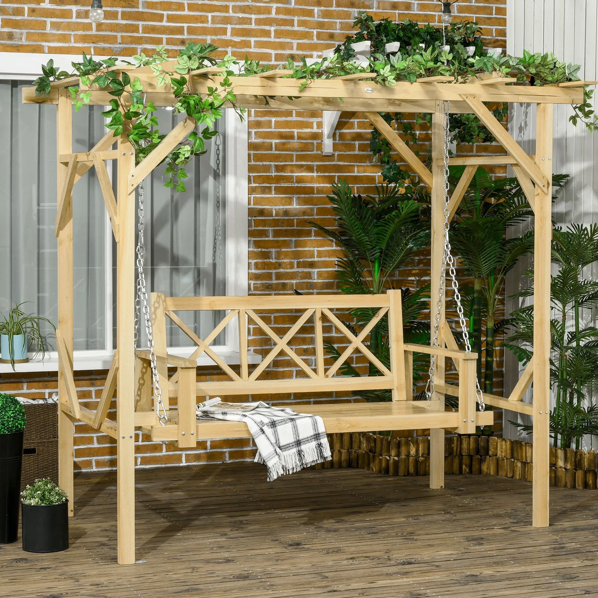 Balançoire Hollywoodienne Outsunny avec Pergola, Banc 2 Places, Bois Massif, 221x140x196 cm
