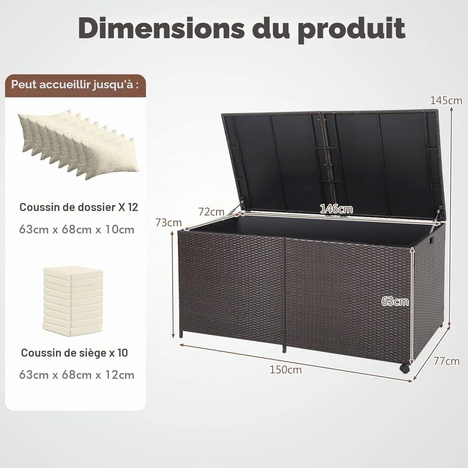 GIANTEX Coffre de Rangement en Rotin 662 L, Résistant aux Intempéries, 150 x 77 x 73 cm