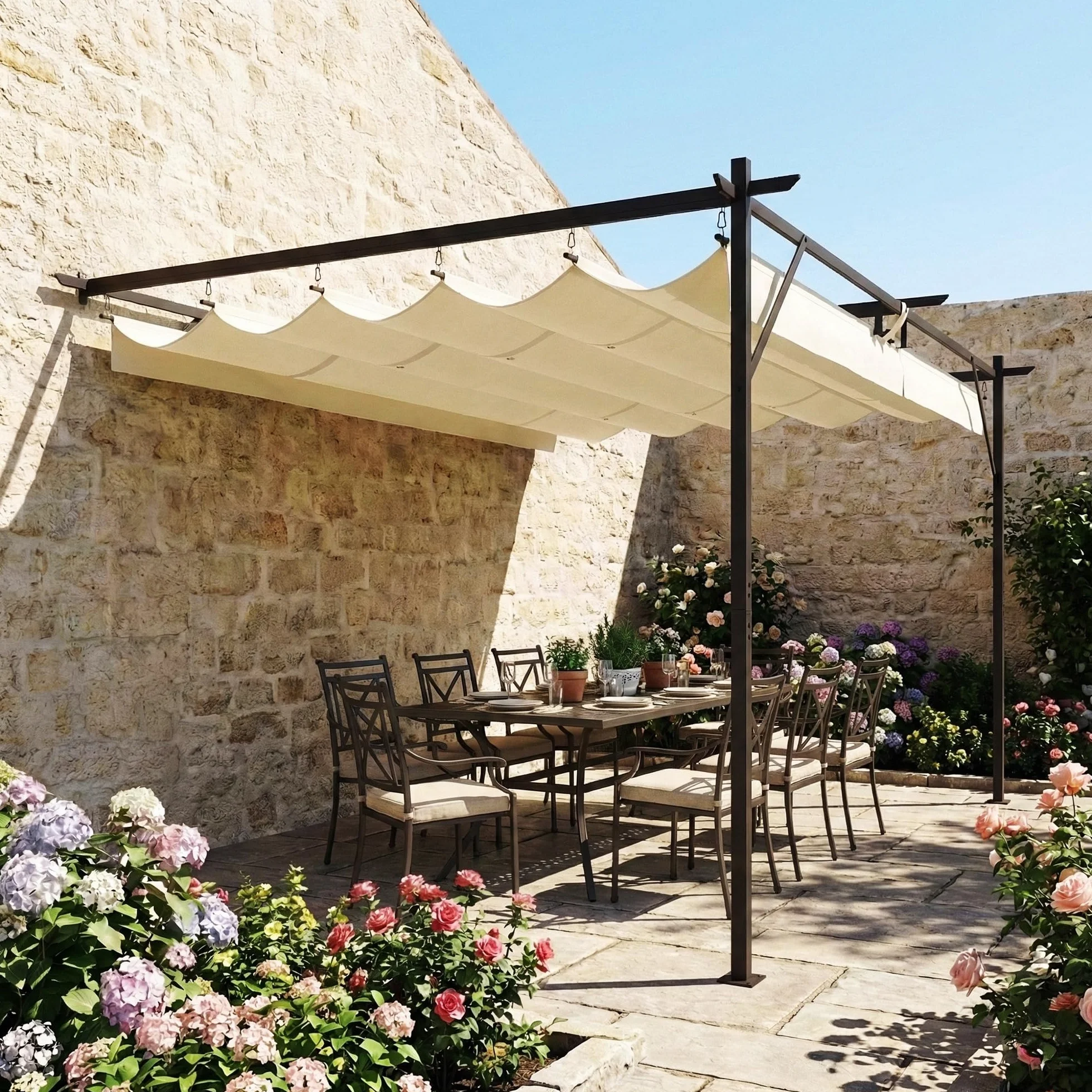 Outsunny Pergola Addoxée 3 x 4 m Toit Rétractable Coulissant Trous de Drainage Jardin Polyester Acier UV30+ Blanc Crème