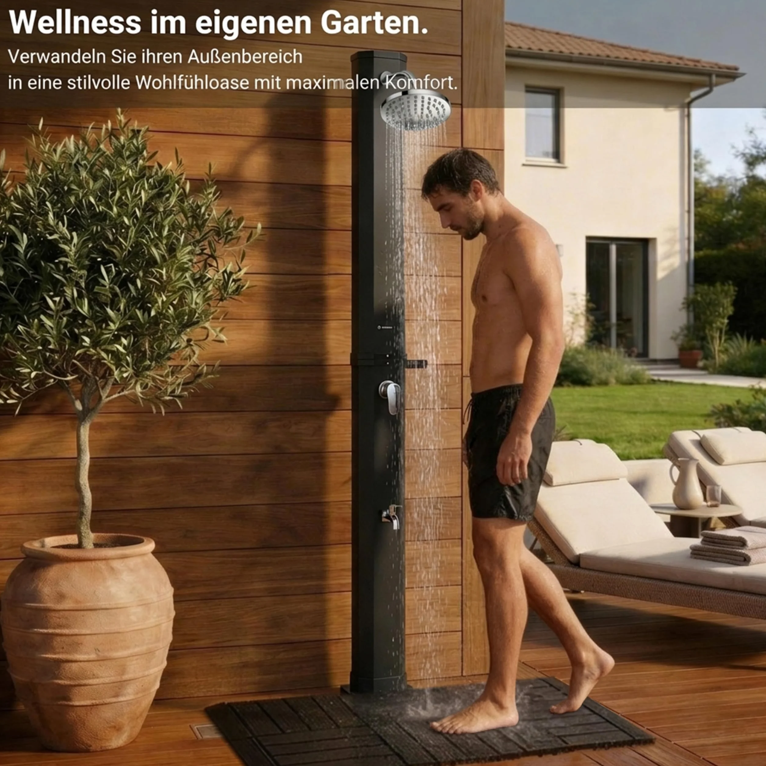 Novaterra Douche solaire noire 60 l – Douche jardin avec pommeau pluie et bac rangement