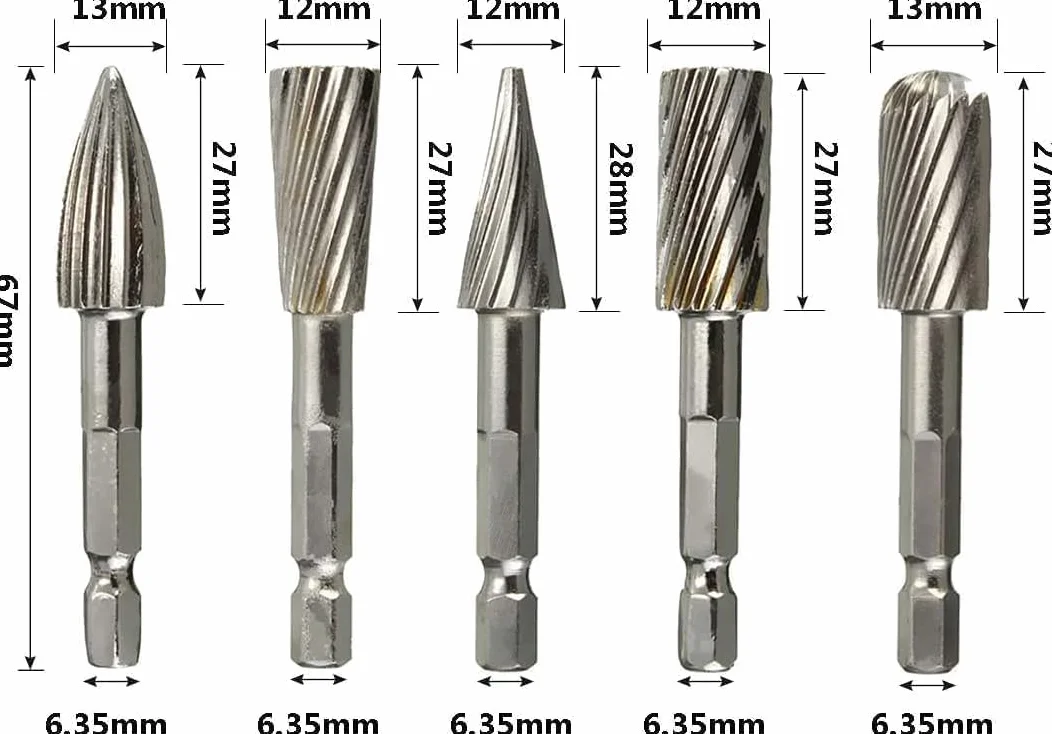 5 Pièces Ensemble de Fichiers à Fraises Rotatives 1/4 pouces Tige Hexagonale Fraises en Acier à Grande Vitesse Outils de Fichiers Rotatifs pour Matériel en Aluminium et en Fer