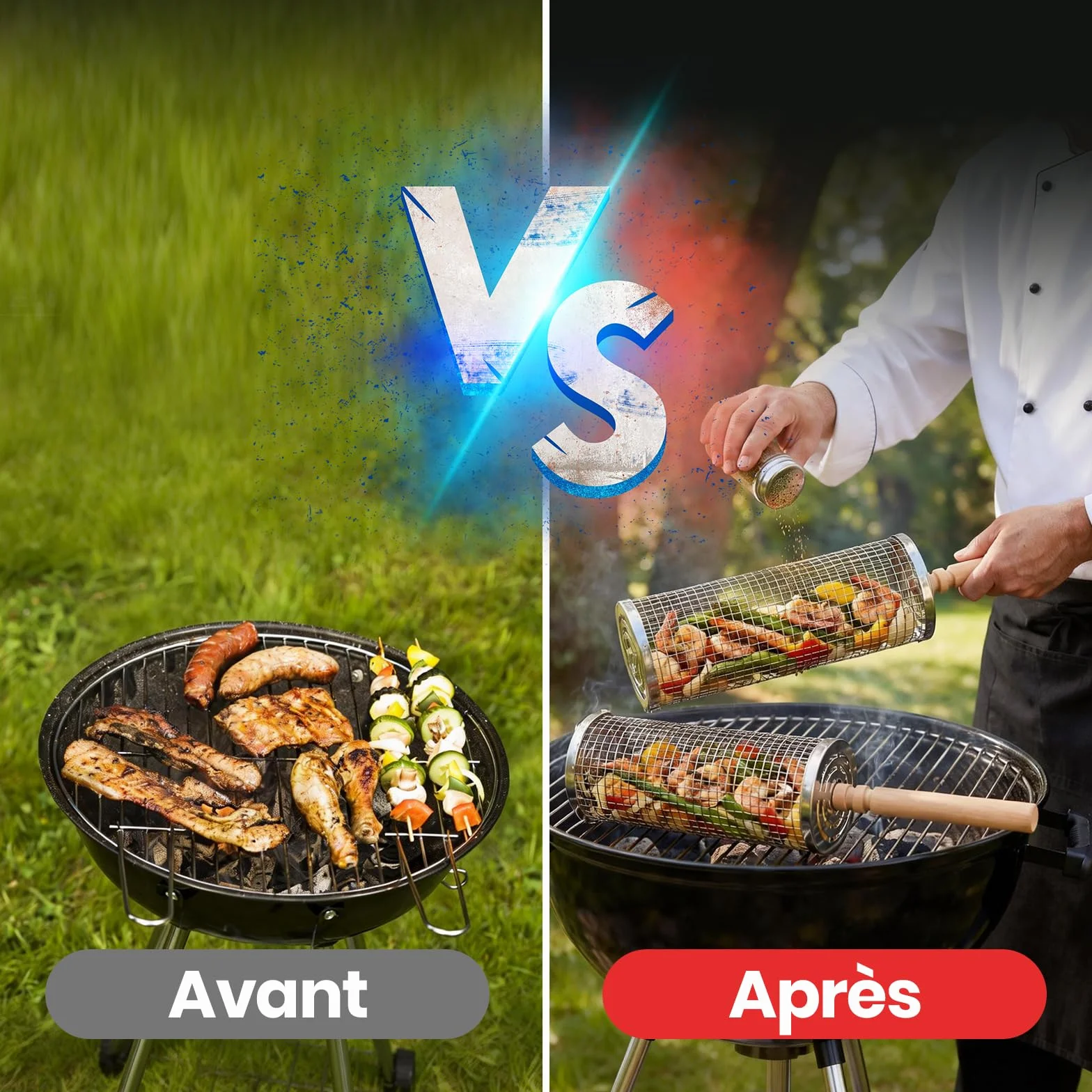 Set de Panier à Barbecue Roulant avec Accessoires, Acier Inoxydable 304, Poignée Détachable, 18 Pièces
