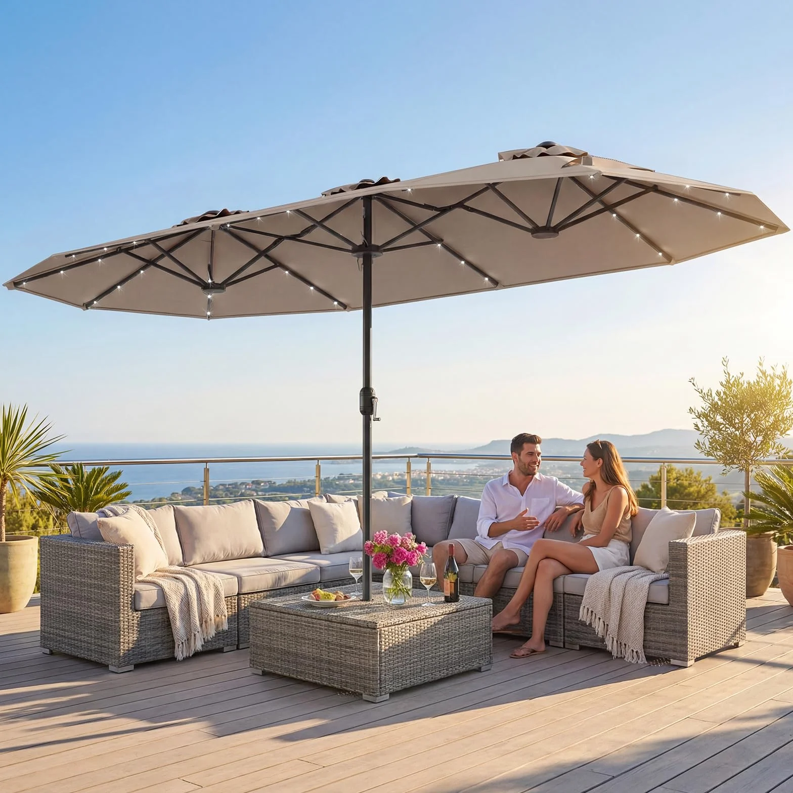 COSTWAY Parasol de Jardin Exterieur 4 x 2 m LED Solaires Double Rectangulaire avec Manivelle Marron