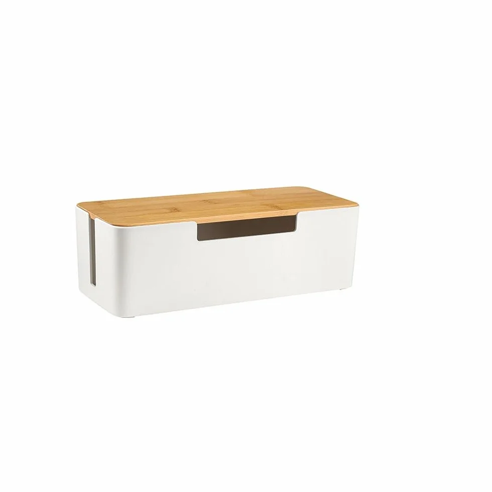 Boîte d'organisation des câbles en ABS avec couvercle en bois, boîte de gestion des câbles pour les multiprises ou les parasurtenseurs (Blanc)