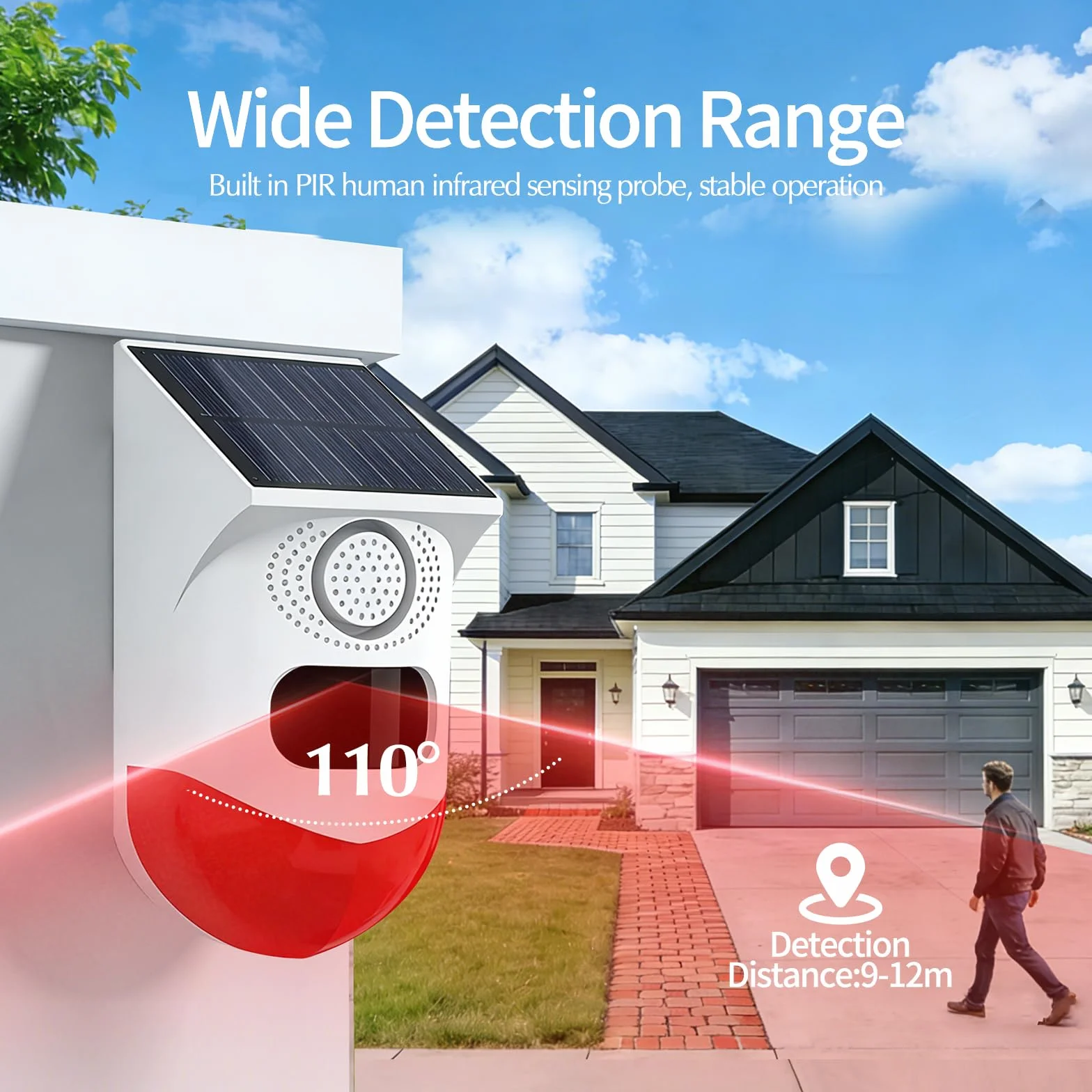 WiFi Detecteur de Mouvement, Sirene Alarme Extérieur/Intérieur Alimentation Solaire Prise en Charge, Volume 0~120dB, Contrôle à Distance, Réglage Horaire, avec Télécommande