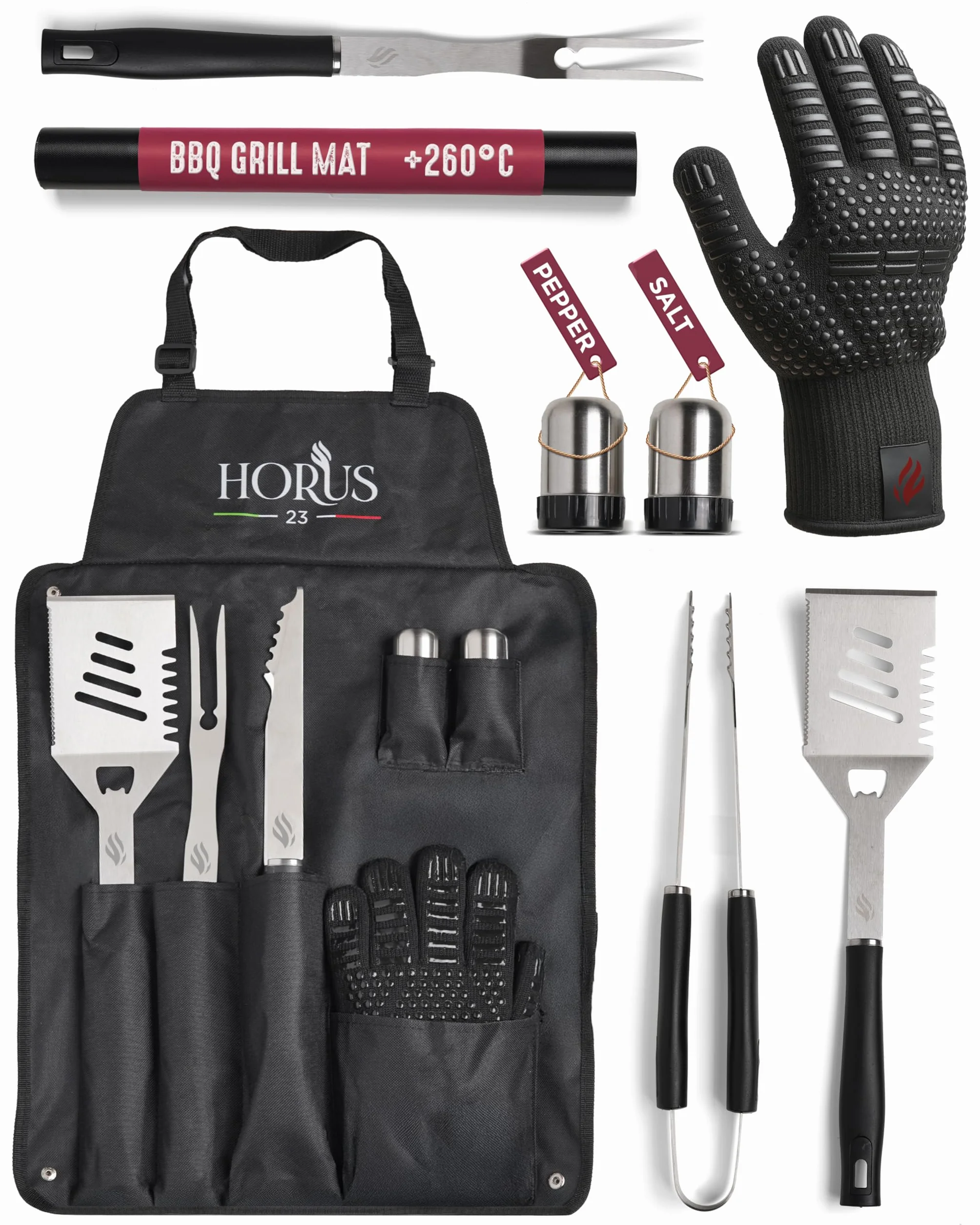 HORUS 23® Kit Barbecue Professionnel Acier INOX avec Tablier Gant Accessoires BBQ