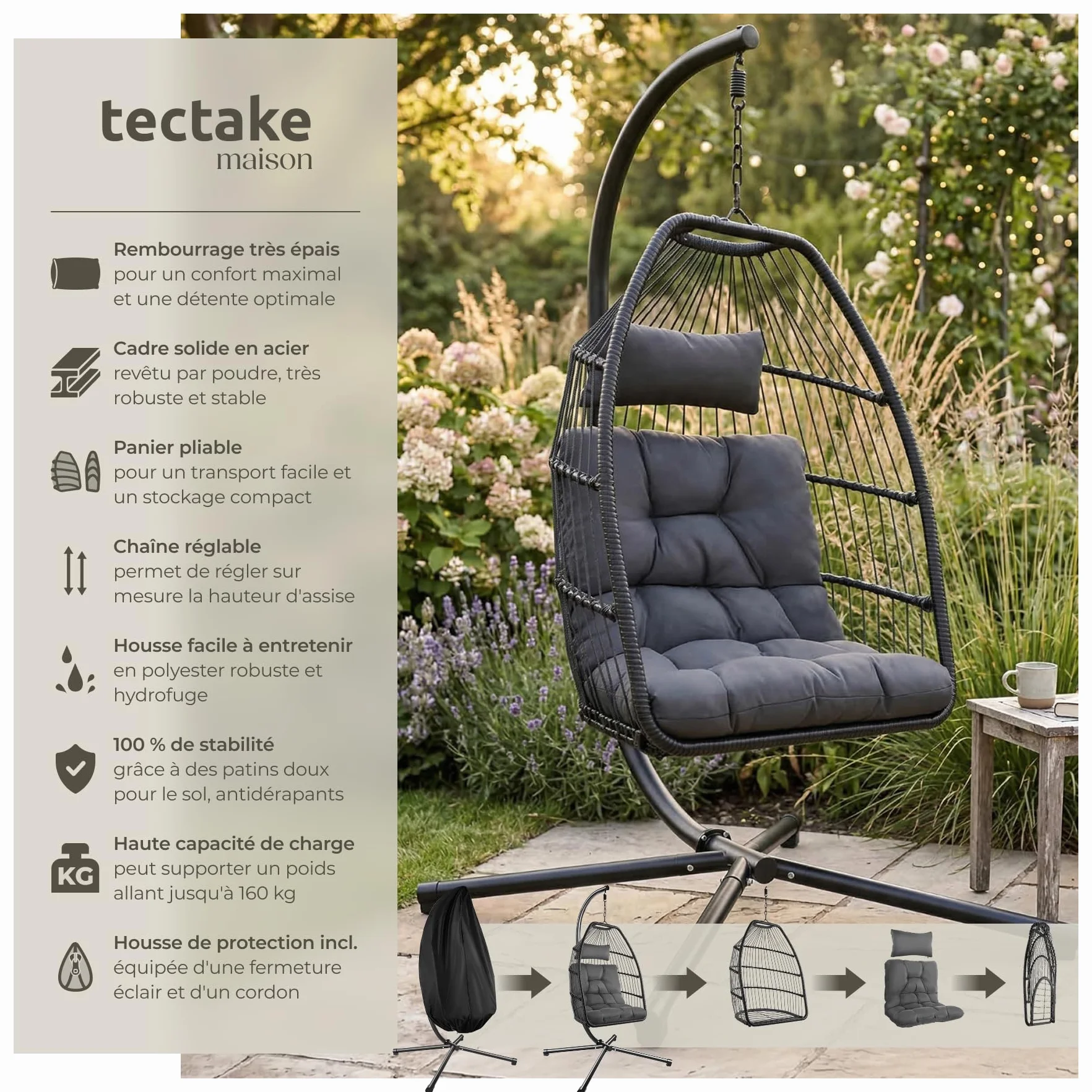 Tectake Fauteuil Oeuf Suspendu Chaise Hamac Balancoire Cocooning avec Structure en Acier et Coussin Épais