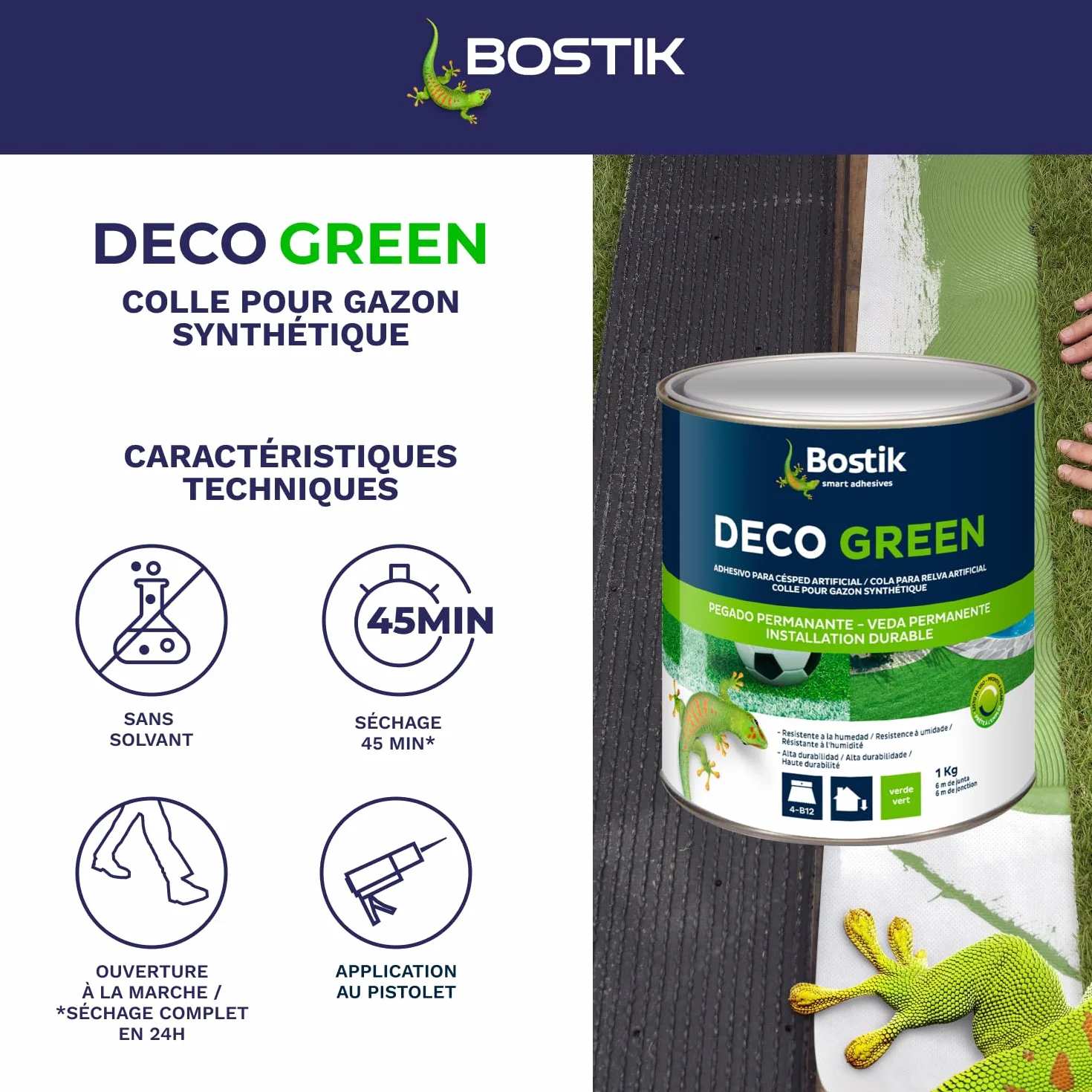 Bostik Colle Déco Green - Colle pour Gazon Synthétique Haute Durabilité – Tous Matériaux – Intérieur/Extérieur – Technologie MSP – Couleur : Vert – Fixation Discrète – Pot de 1 kg