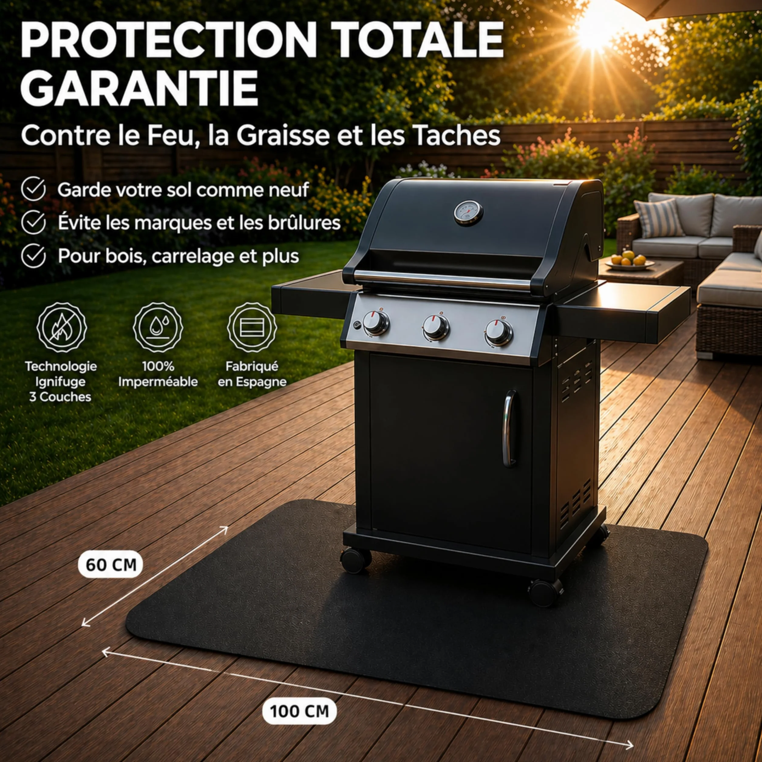Tapis ignifuge résistant au feu 100 x 60 cm Protection de sol pour barbecue