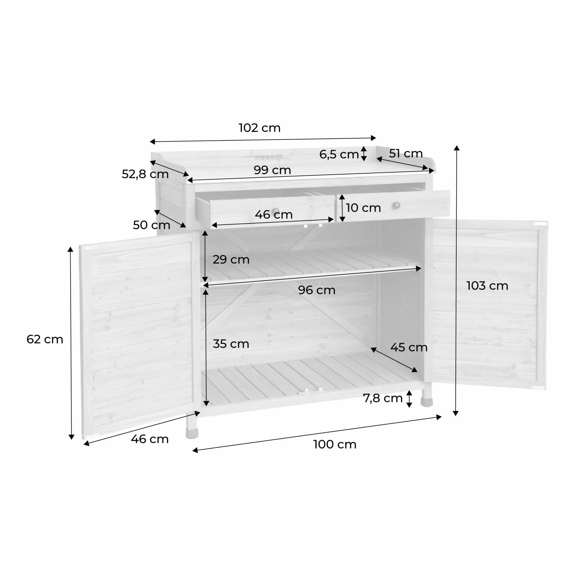 Sweeek Meuble de Rangement Table de Repiquage Bois 2 Portes 2 Tiroirs 102 x 52.8 x 103.5 cm