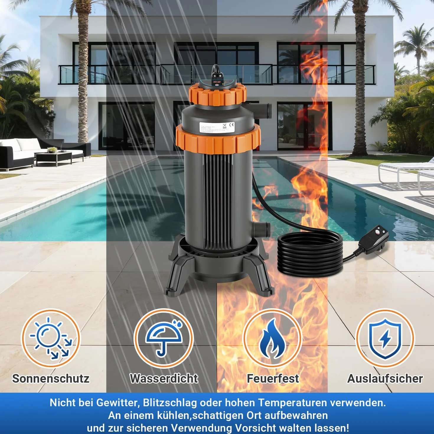 Chauffage électrique piscine Ø 17 x 42 cm interface numérique 32-38 mm protection anti-fuite anti-basculement ignifuge 45 °C