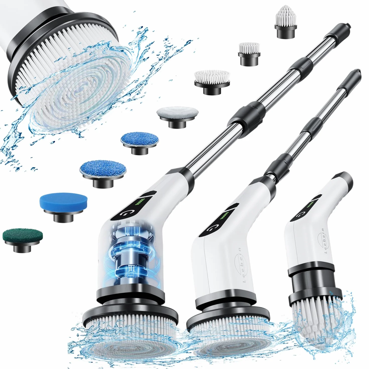 Brosse Electrique Nettoyage Rotative, Brosse de Nettoyage sans Fil avec 8 Têtes de Brosse Remplaçables, Electric Spin Scrubber avec Poignée Réglable de 137cm pour Salle de Bain Cuisine Voiture