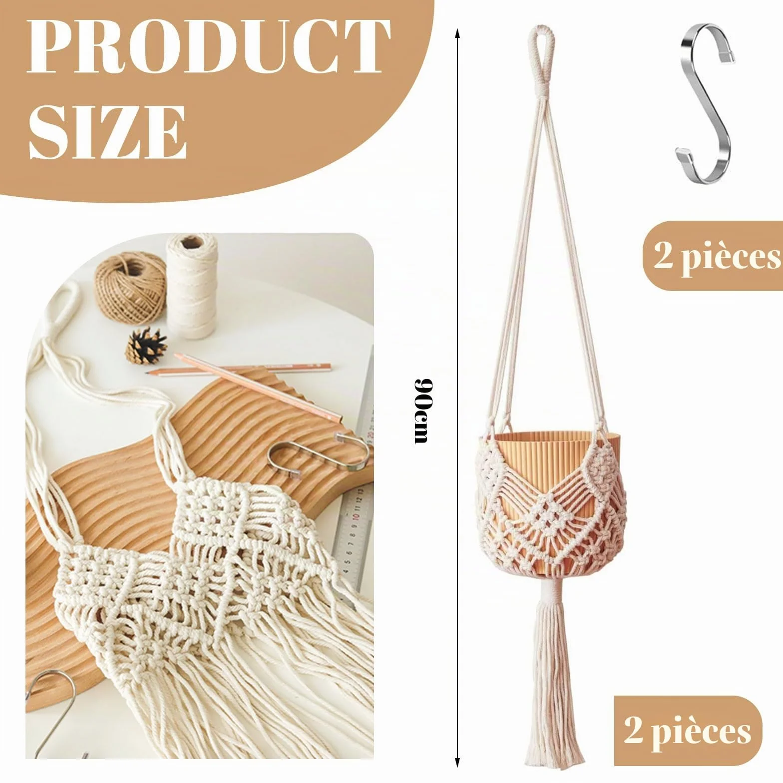 Suspensions Macramé pour Plantes Lot de 2, Supports Boho Intérieur Extérieur, Jusqu'à 20 cm