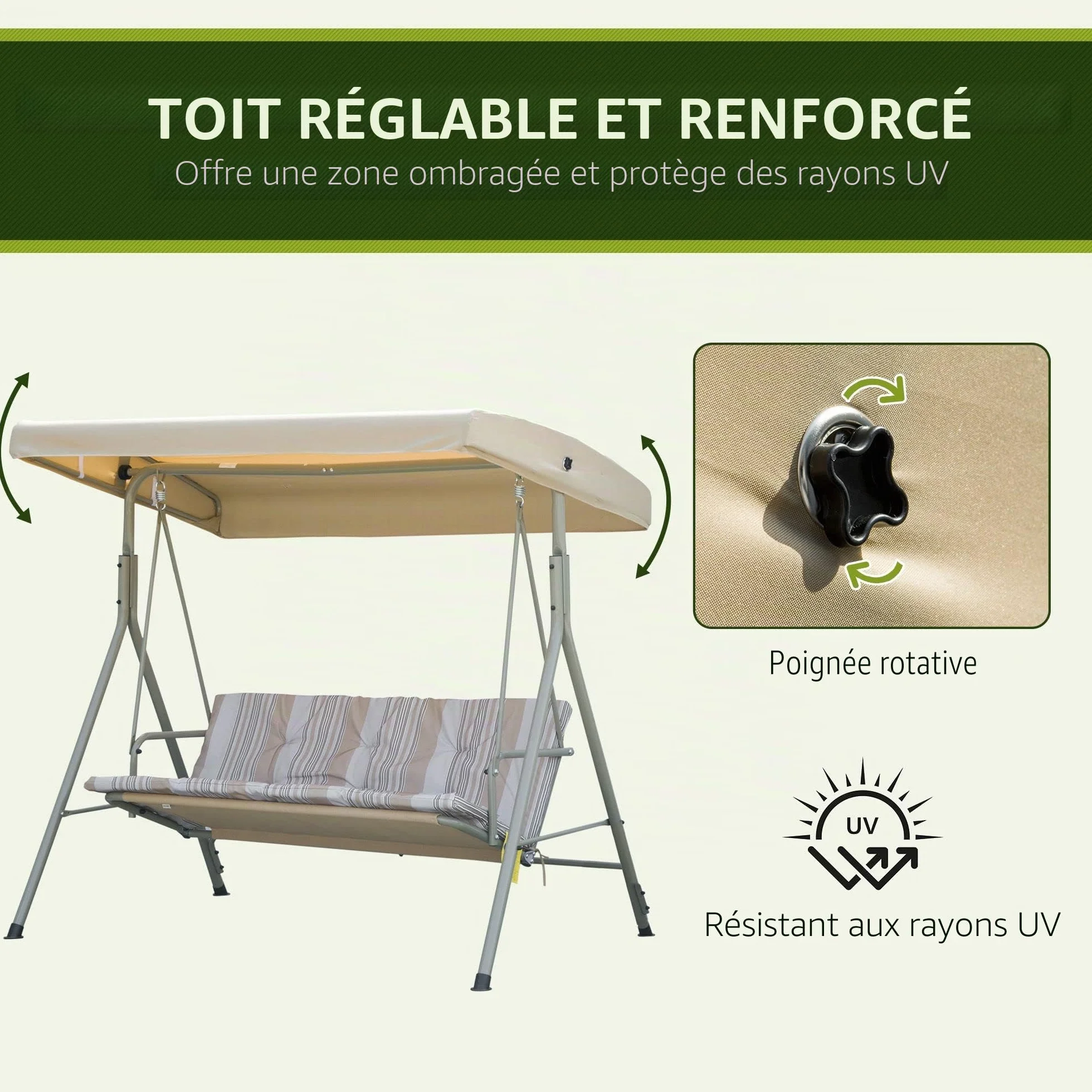 Outsunny Balancelle de Jardin 3 Places Toit Inclinaison Réglable Coussins Amovibles Polyester Acier Époxy Marron