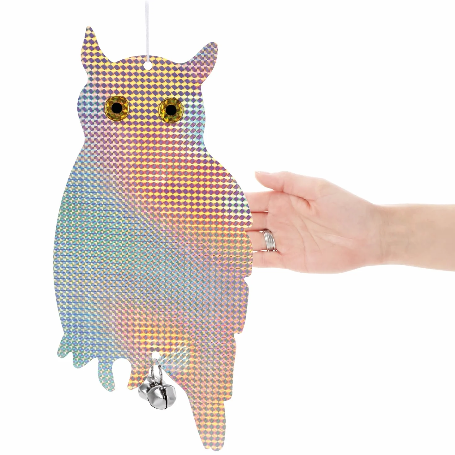 COM-FOUR® 2X Chouette factice effaroucheur d'oiseaux - Oiseau de Proie Artificiel avec Clochette et Feuille réfléchissante