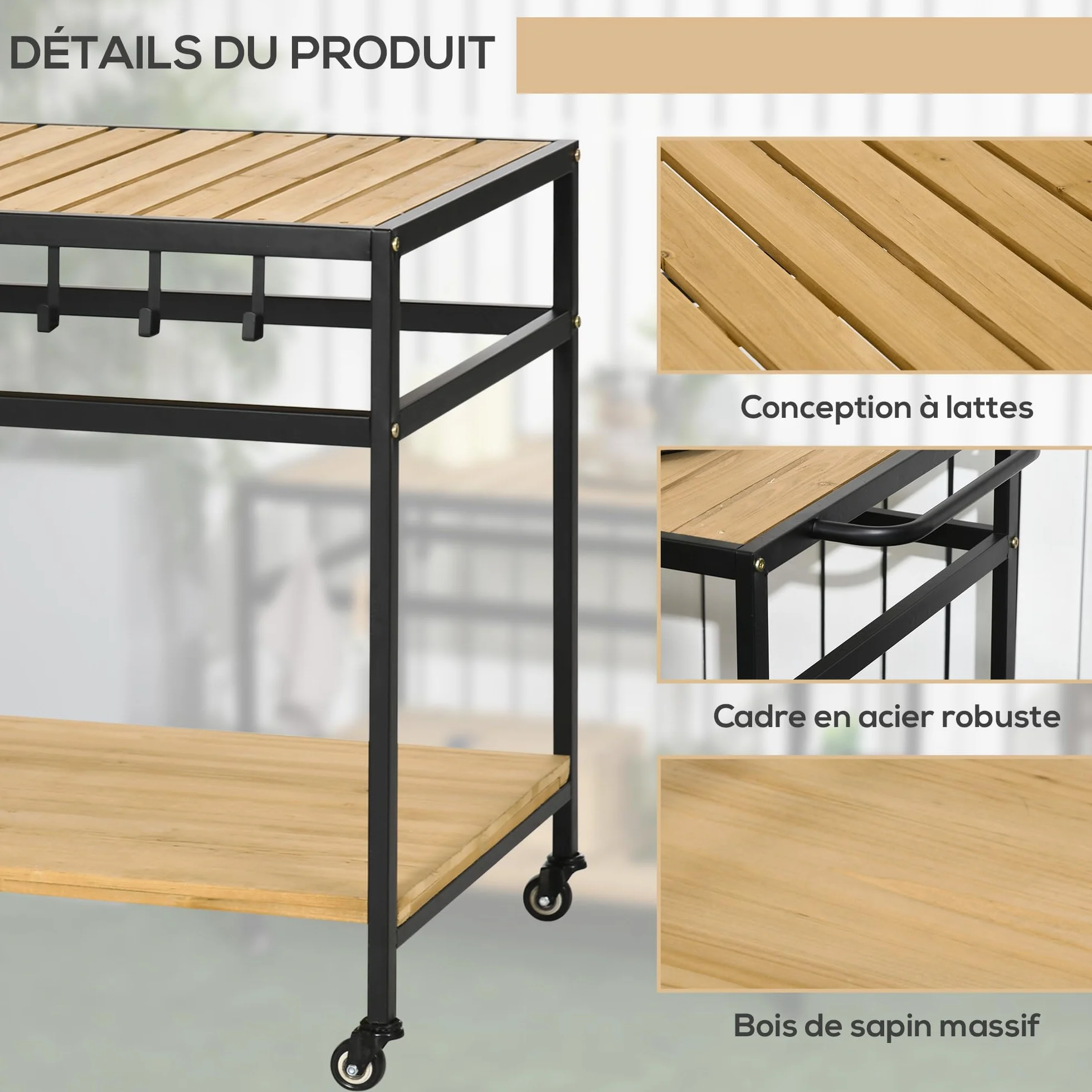 Outsunny Desserte de Jardin Chariot Barbecue avec 2 étagères 3 Crochets Bois Métal 107 x 65 x 80 cm Noir Naturel