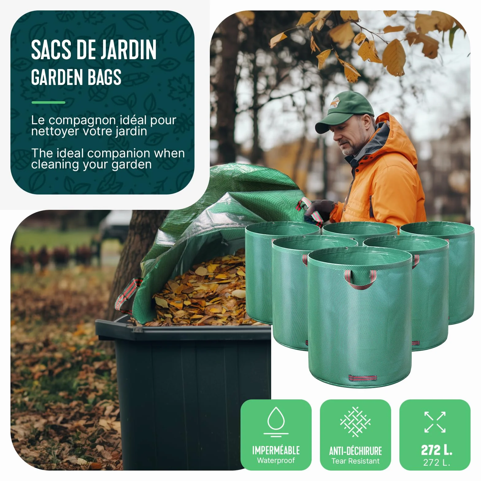 VOUNOT® Sacs à Déchets XXL 272Lx6 Jardin Réutilisables avec Poignées PP Pliables