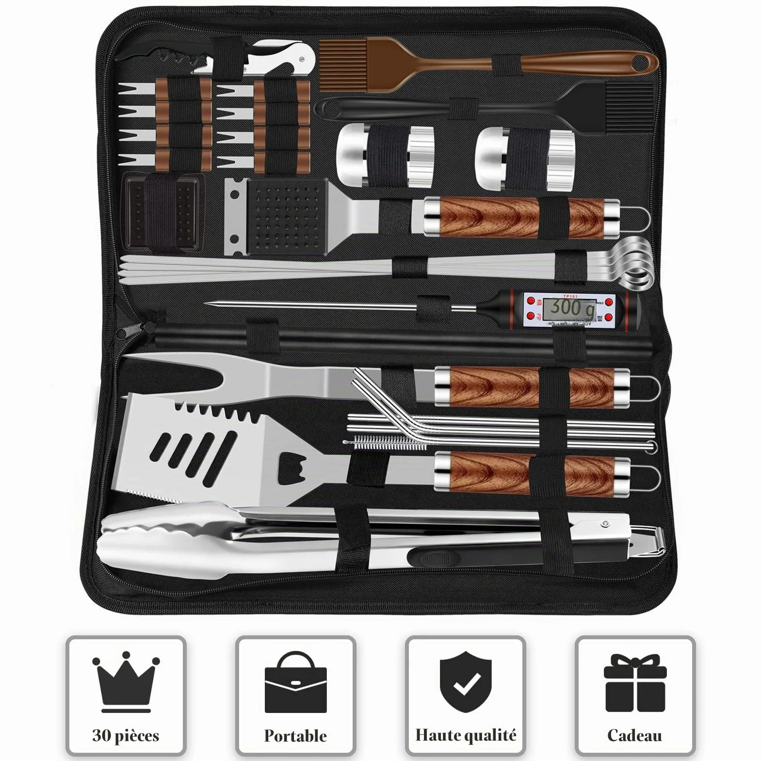 Grilliance Lot de 30 ustensiles de Barbecue en Acier Inoxydable - Pince à Barbecue avec Mallette et Tapis