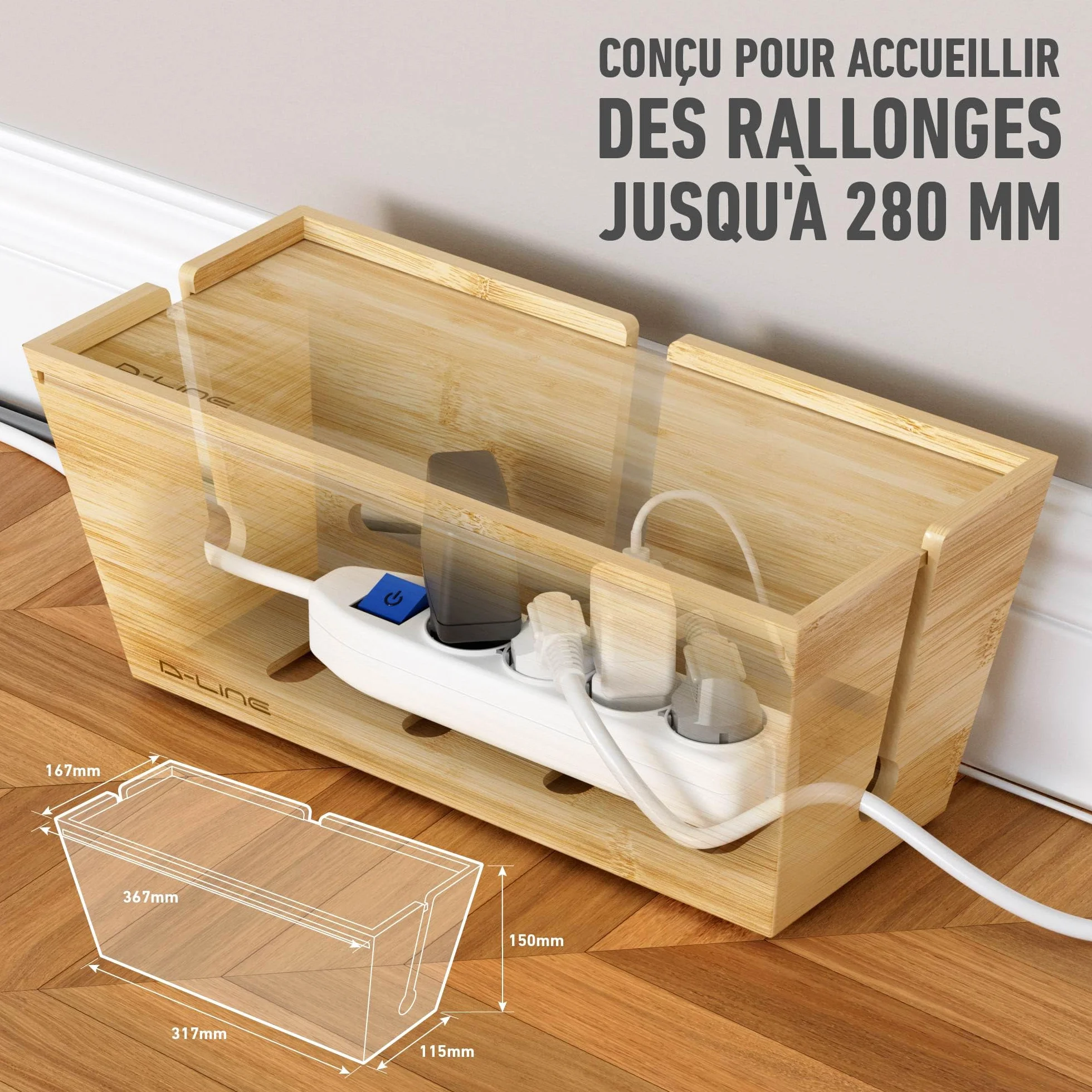 D-Line Boîte à Câbles en Bambou | Boîte de Rangement Naturelle pour Multiprises et Fils | Organiseur Écologique avec Couvercle Coulissant | Solution Élégante pour Cacher Les Câbles