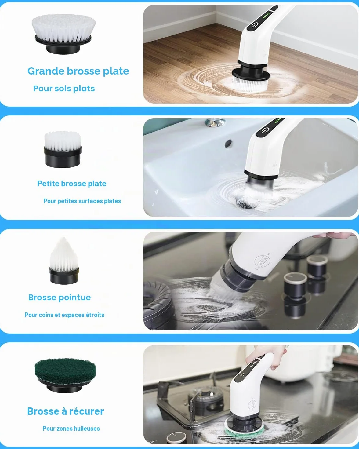 Brosse Electrique Nettoyage Rotative, Brosse de Nettoyage sans Fil avec 8 Têtes de Brosse Remplaçables, Electric Spin Scrubber avec Poignée Réglable de 137cm pour Salle de Bain Cuisine Voiture