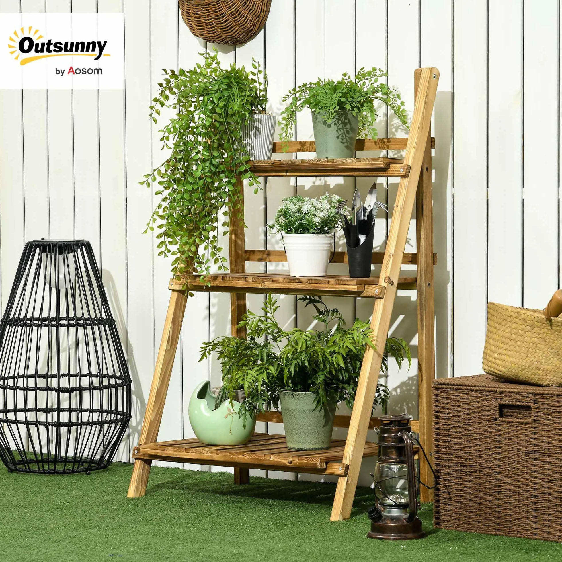 Outsunny Étagère à Fleurs 3 Niveaux Pliable Bois de Sapin 60 x 37 x 93 Cm Charge 50 Kg