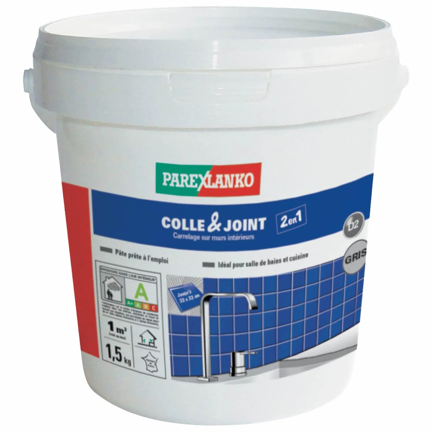 Parexlanko - Colle carrelage et joint en pâte - Colle & Joint 2 en 1 - Gris - Pour mur intérieur - Spécial pièces humides - Prête à l’emploi - 1,5kg