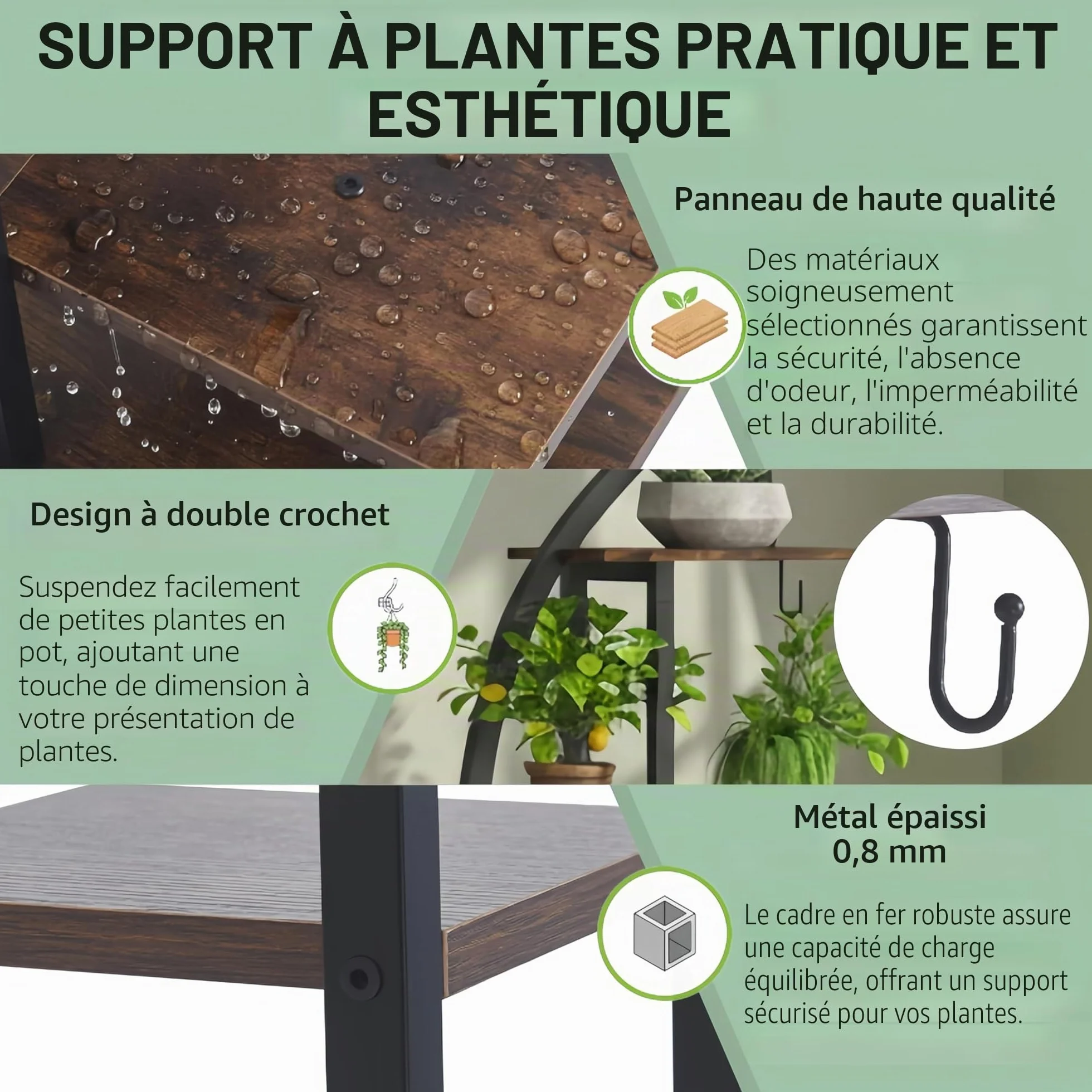 Étagère à plantes avec lumière 160 cm 6 niveaux bois métal support plantes extérieur intérieur jardin balcon