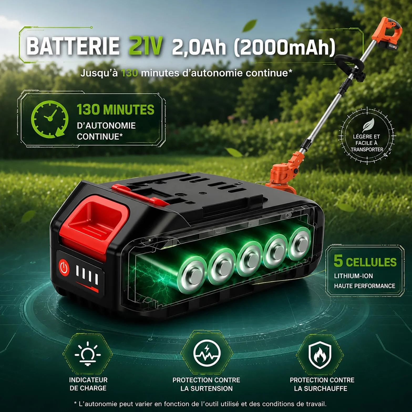 Debroussailleuse Electrique sans Fil 850W Rotofil 60cm Manche Telescopique 2x2000mAh 26 Lames Vert Lierre