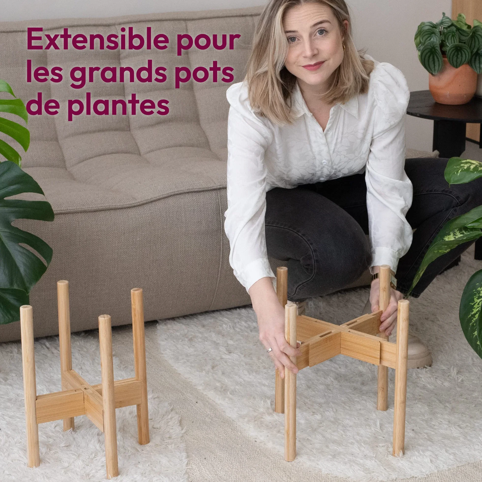 Gadgy Support pour Plantes Intérieur Bambou Réglable Ensemble 2 Pièces Pots Ø 20-30 cm Décoration Maison Moderne