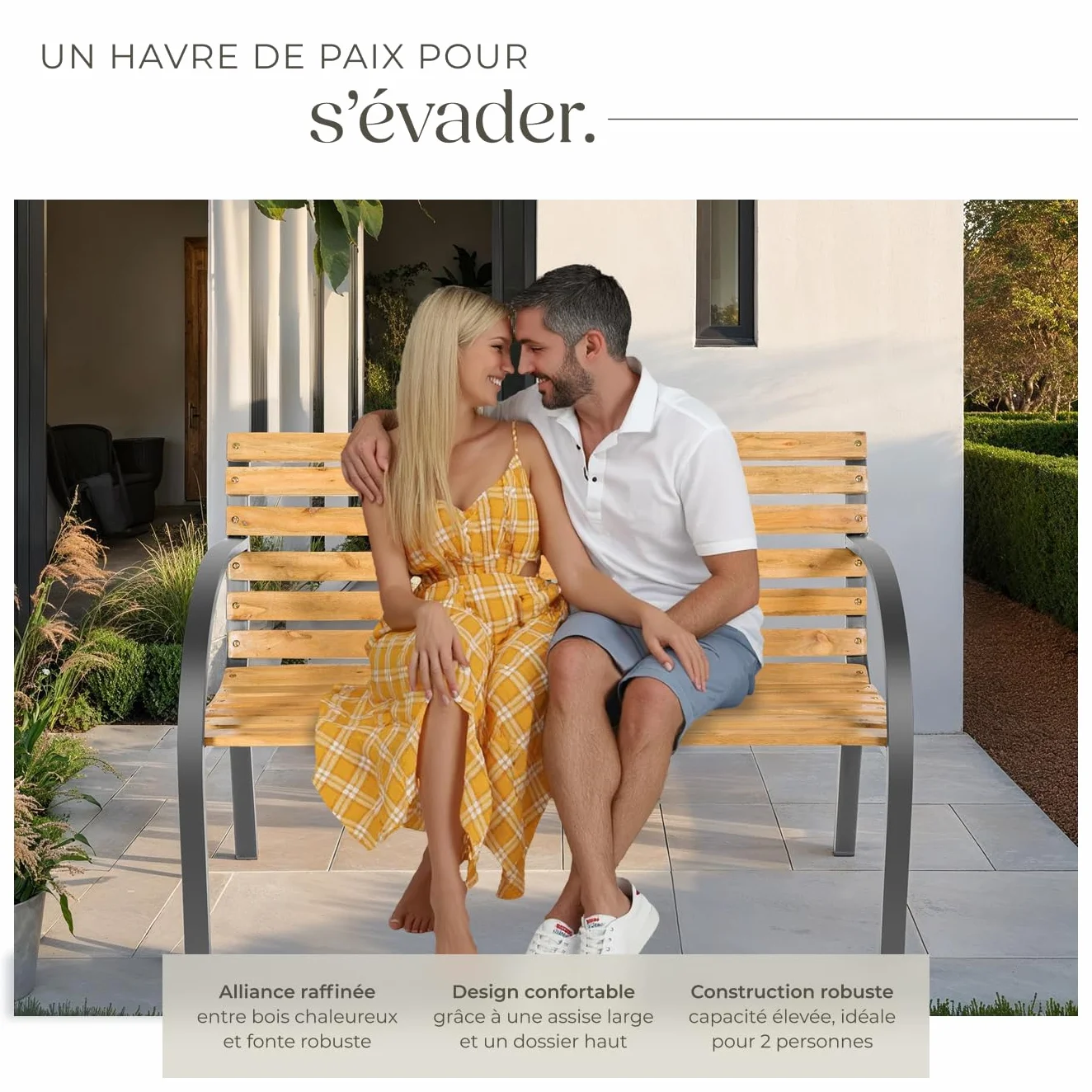 Tectake Banc de Jardin Solide en Bois Naturel laqué et Acier, Banquette de Jardin Noir Résistant aux intempéries