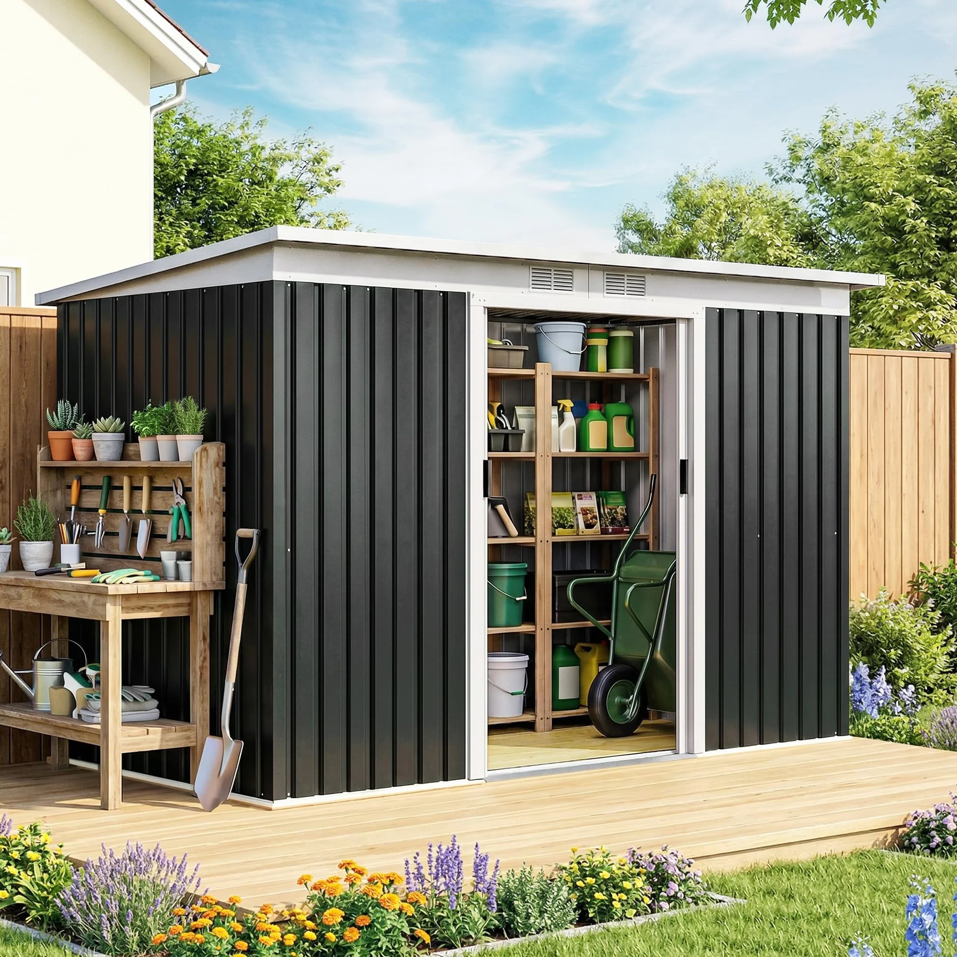 Outsunny Abri de Jardin Acier galvanisé XXL 3,6 m² 280 x 130 x 172 cm Cabanon Rangement Outils Portes coulissantes Noir