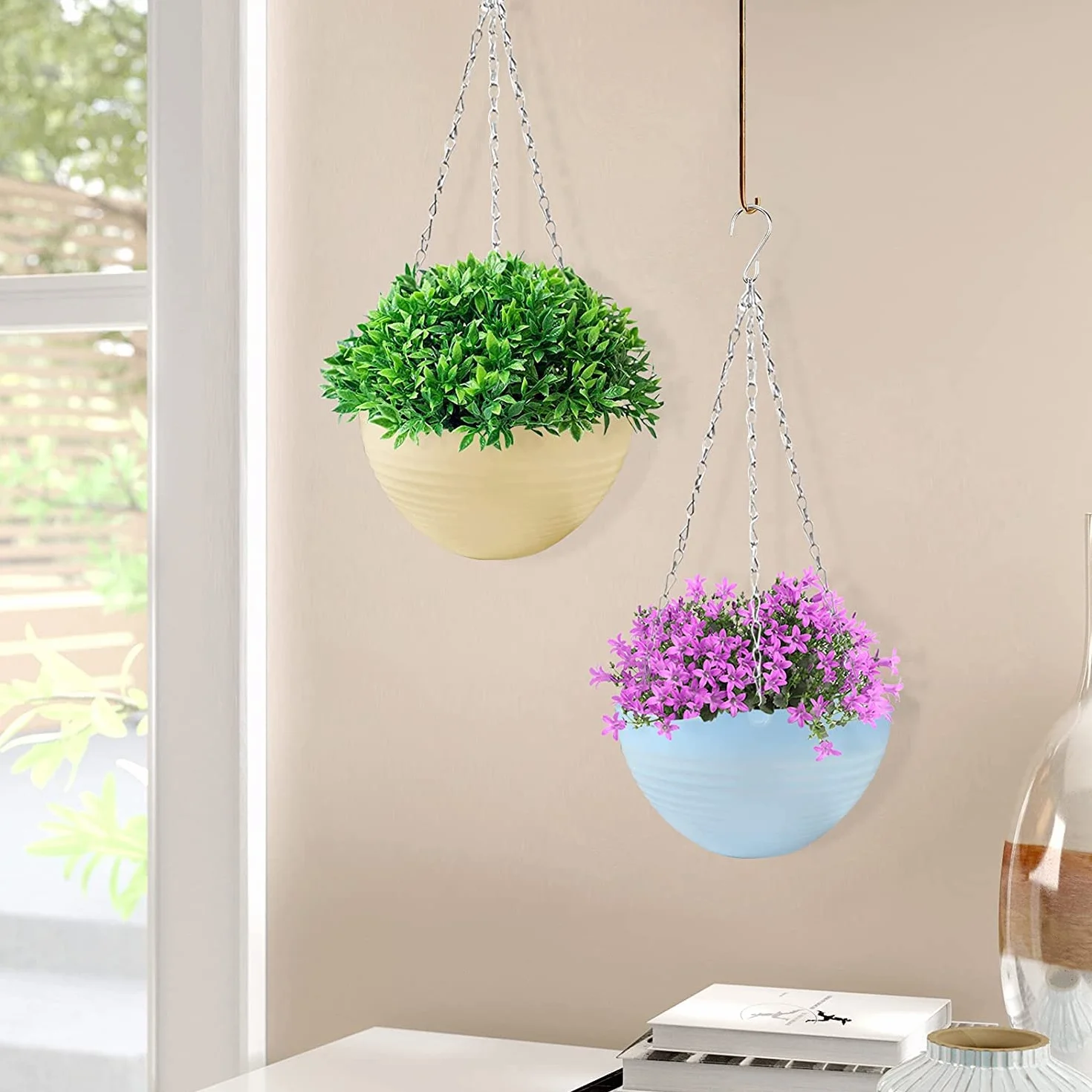 KAHEIGN 5 Pièces Panier Suspendu Plastique, Pots de Fleurs avec Crochets de Chaîne pour Plantes