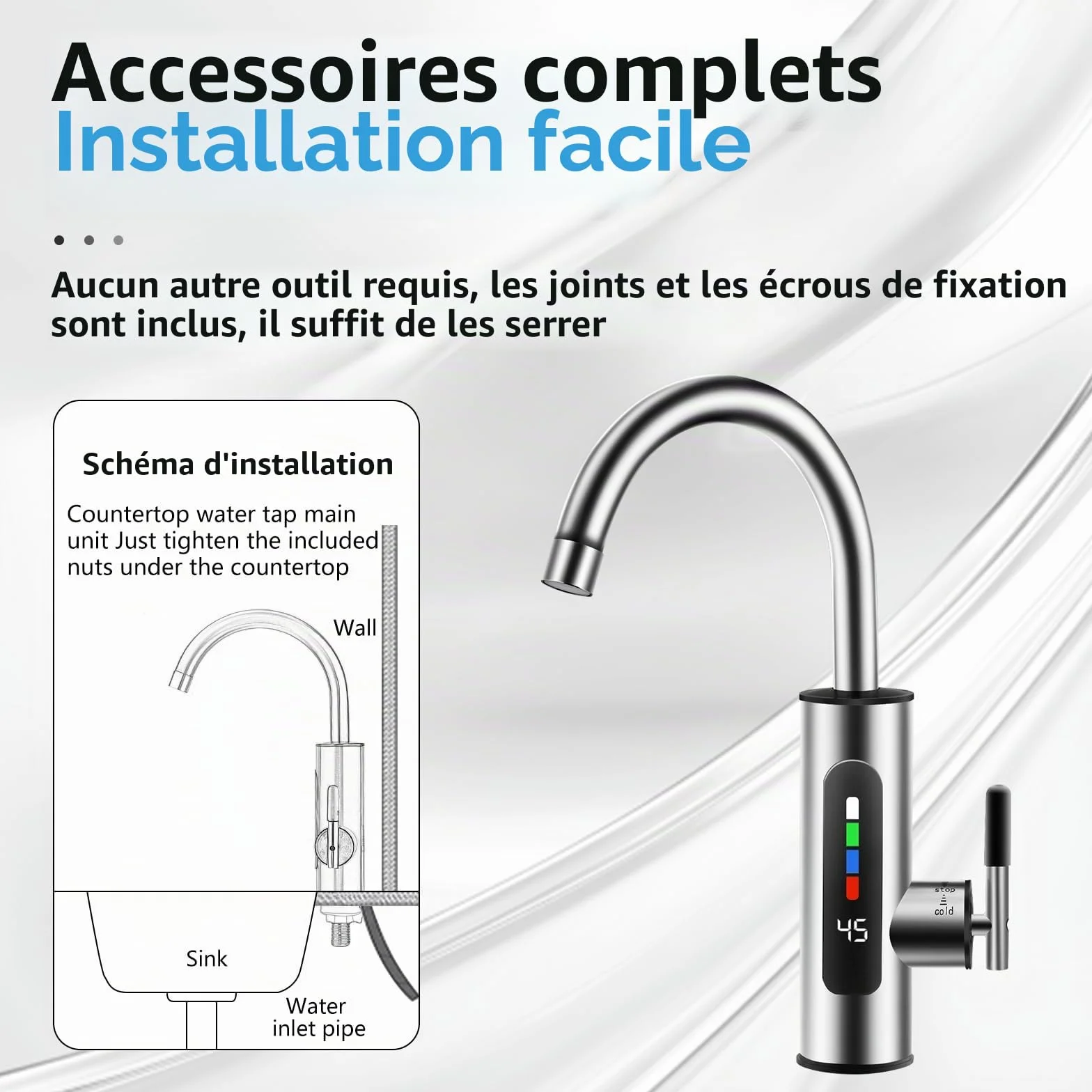 360° Robinet Chauffant Instantané 3000W Avec Indicateur LED Cuisine Salle De Bains
